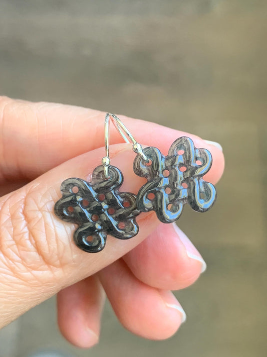 Natural Grade A Guatemalan Icy Highly Translucent Wuji Jadeite Carved Chinese Knot Dangle Earrings Sterling Silver 天然冰危乌鸡翡翠中国结银耳钩 WJJ55