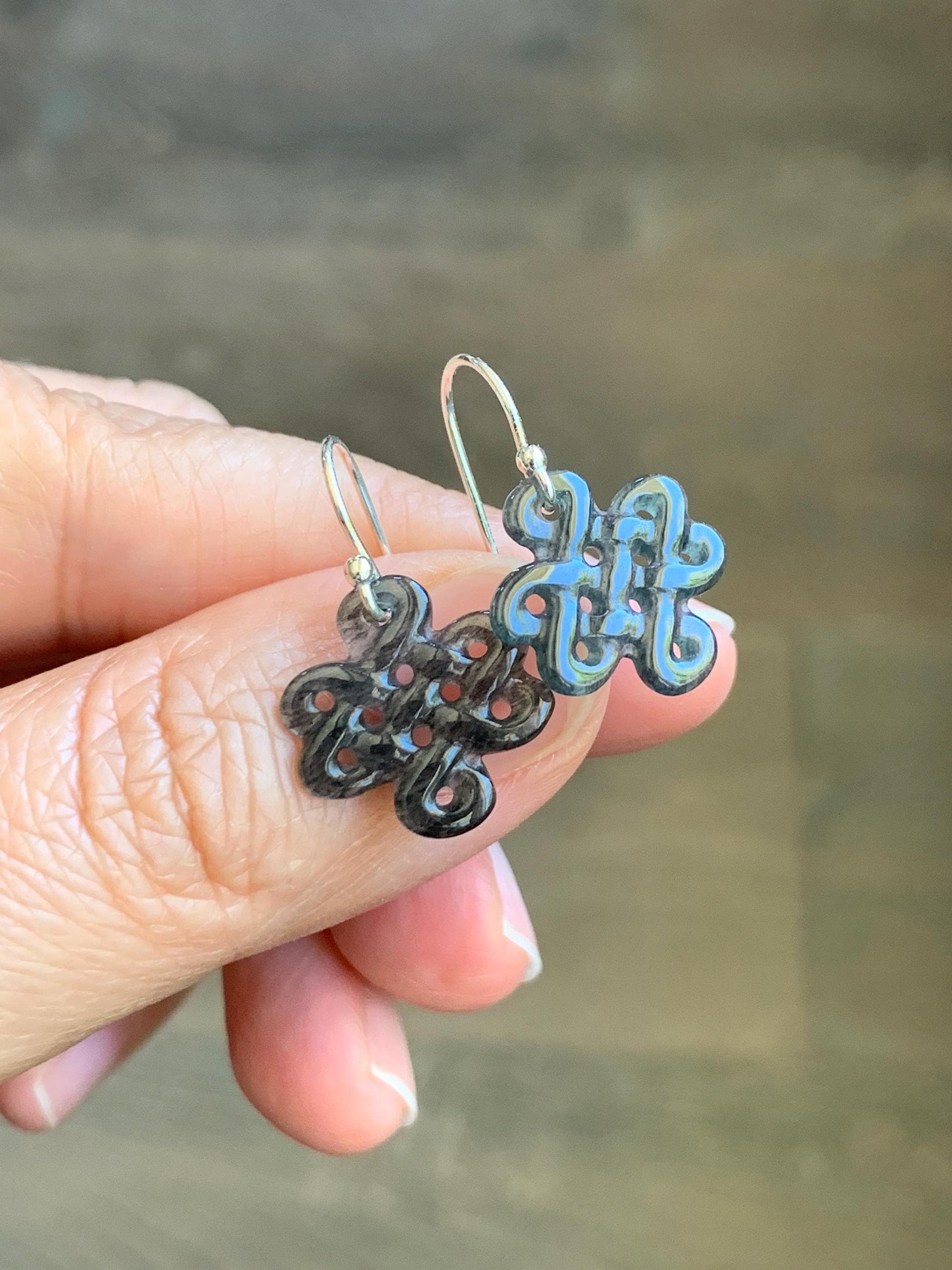 Natural Grade A Guatemalan Icy Highly Translucent Wuji Jadeite Carved Chinese Knot Dangle Earrings Sterling Silver 天然冰危乌鸡翡翠中国结银耳钩 WJJ55