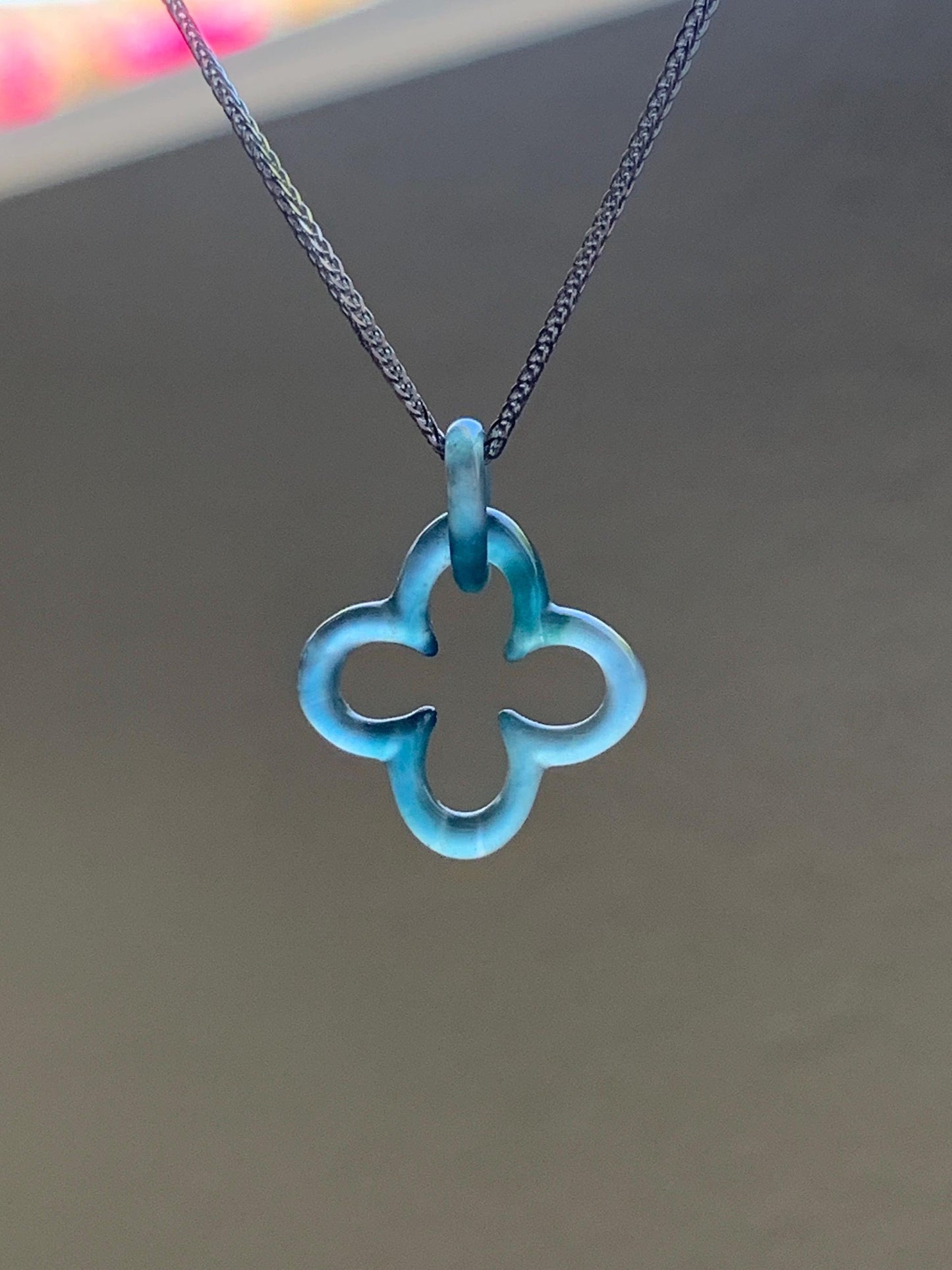 Natural Guatemalan Icy Highly Translucent Teal Blue Jadeite Clover Leaf Quatrefoil Interlocking Pendant Chain 17.5” 天然高冰危蓝起光翡翠四叶草款环环相扣吊坠