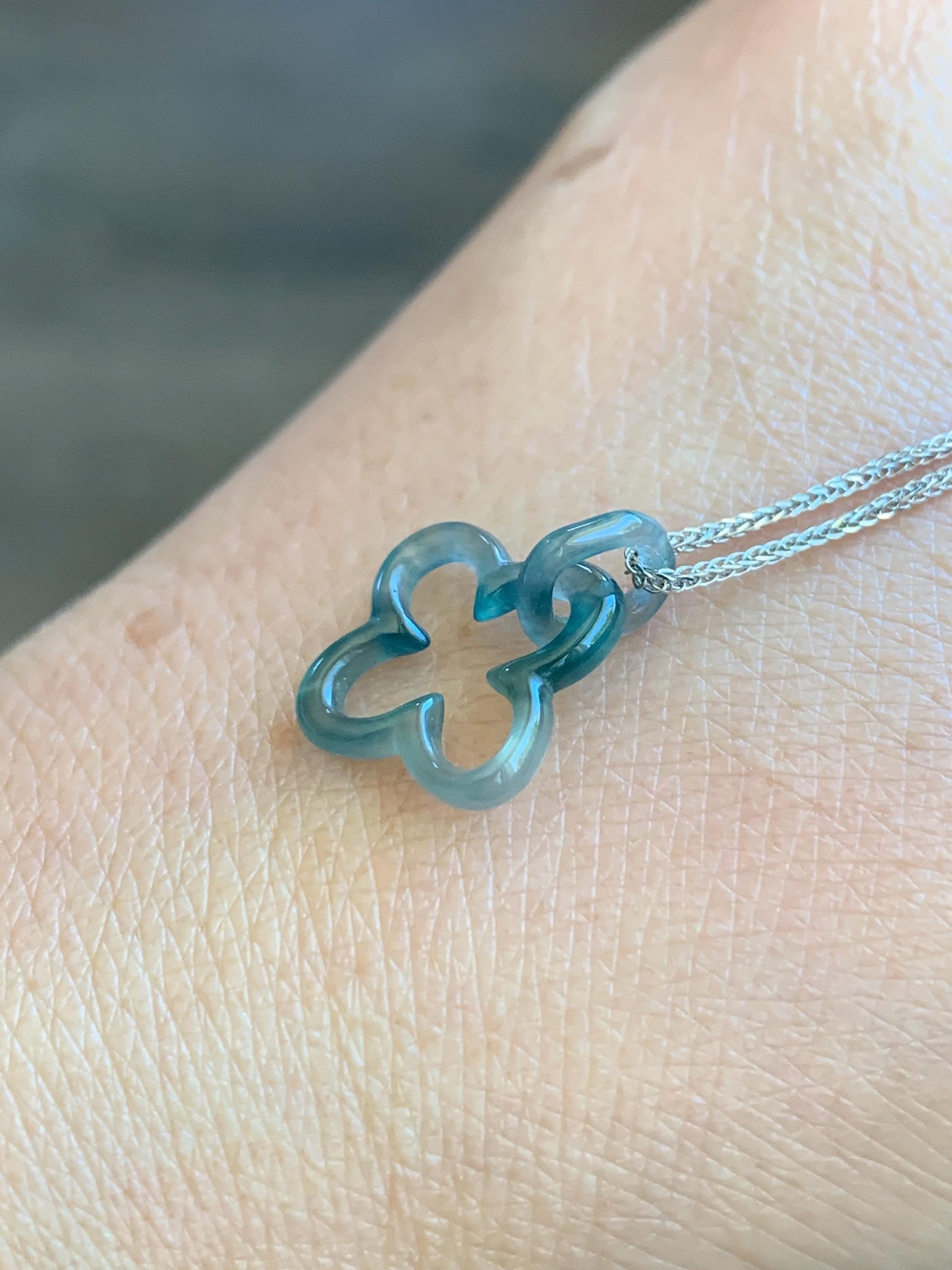 Natural Guatemalan Icy Highly Translucent Teal Blue Jadeite Clover Leaf Quatrefoil Interlocking Pendant Chain 17.5” 天然高冰危蓝起光翡翠四叶草款环环相扣吊坠