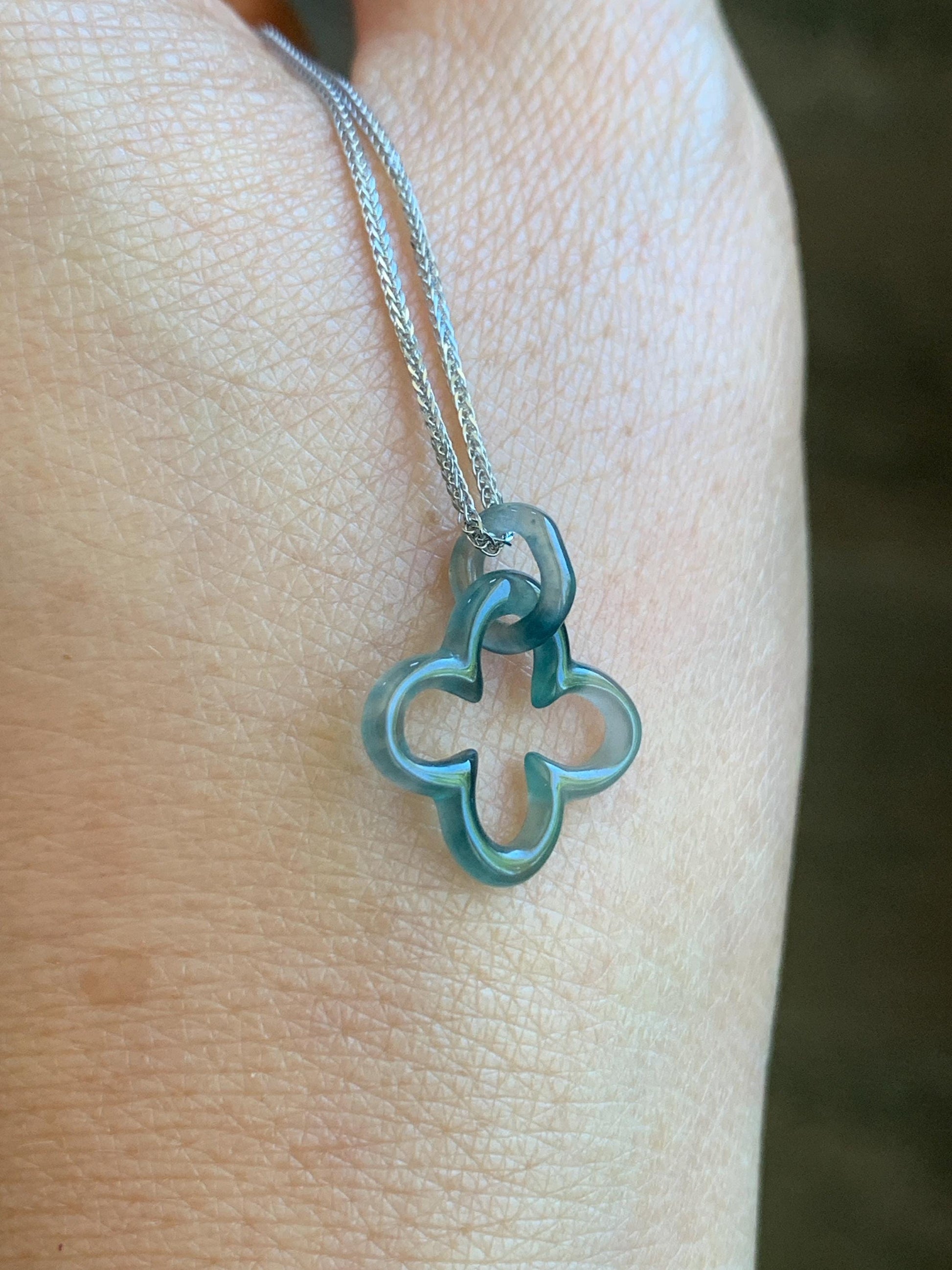 Natural Guatemalan Icy Highly Translucent Teal Blue Jadeite Clover Leaf Quatrefoil Interlocking Pendant Chain 17.5” 天然高冰危蓝起光翡翠四叶草款环环相扣吊坠