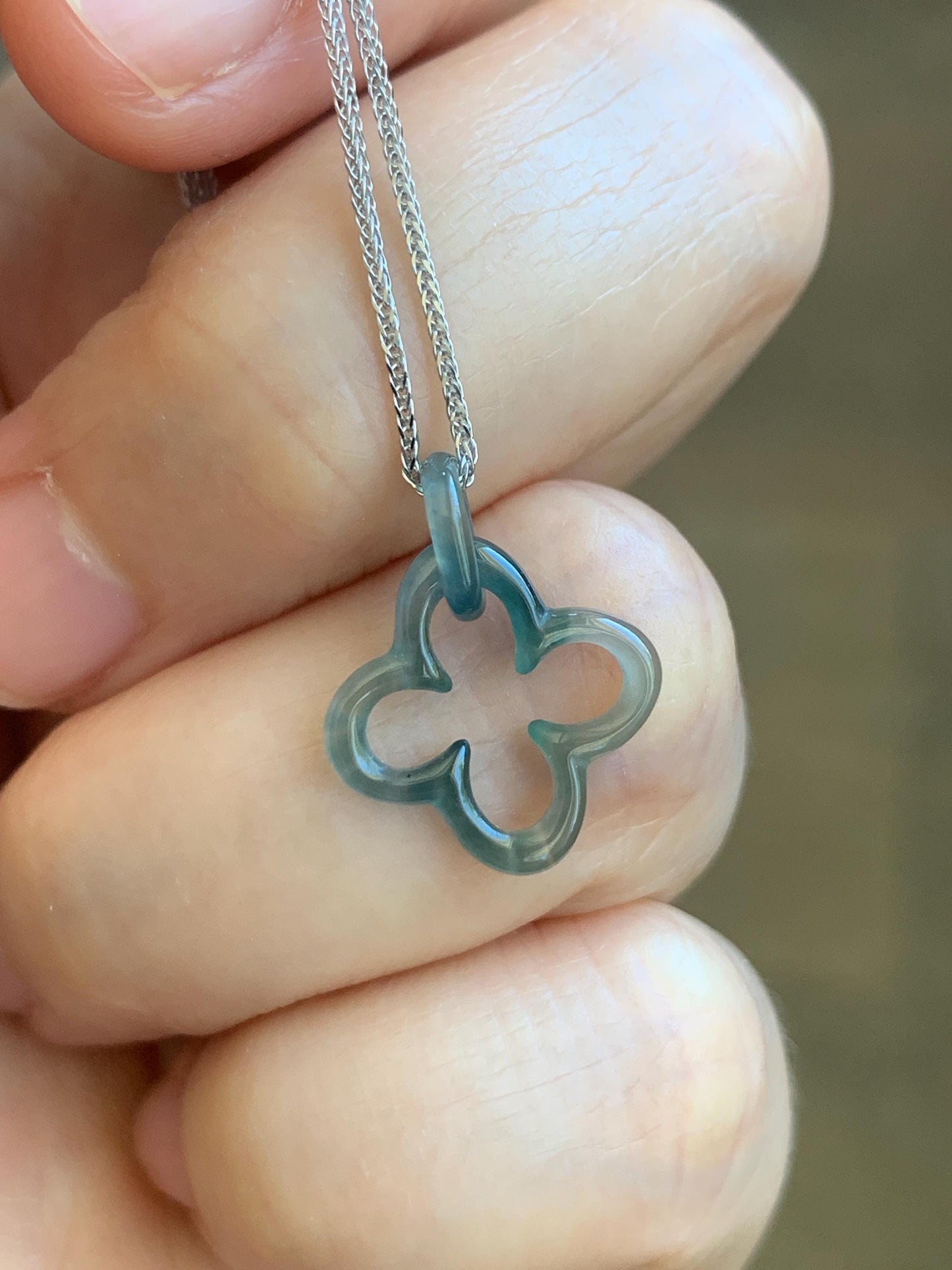 Natural Guatemalan Icy Highly Translucent Teal Blue Jadeite Clover Leaf Quatrefoil Interlocking Pendant Chain 17.5” 天然高冰危蓝起光翡翠四叶草款环环相扣吊坠