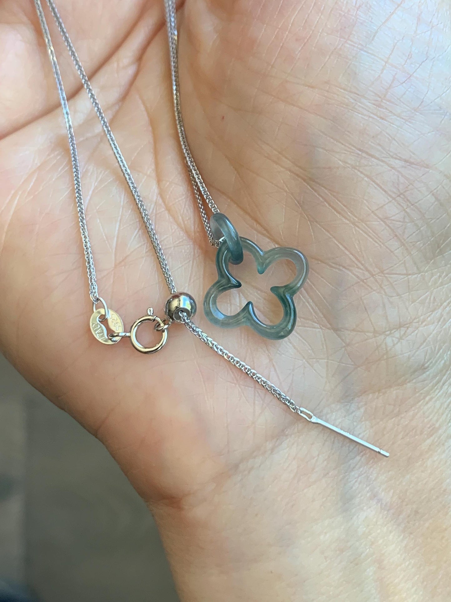 Natural Guatemalan Icy Highly Translucent Teal Blue Jadeite Clover Leaf Quatrefoil Interlocking Pendant Chain 17.5” 天然高冰危蓝起光翡翠四叶草款环环相扣吊坠