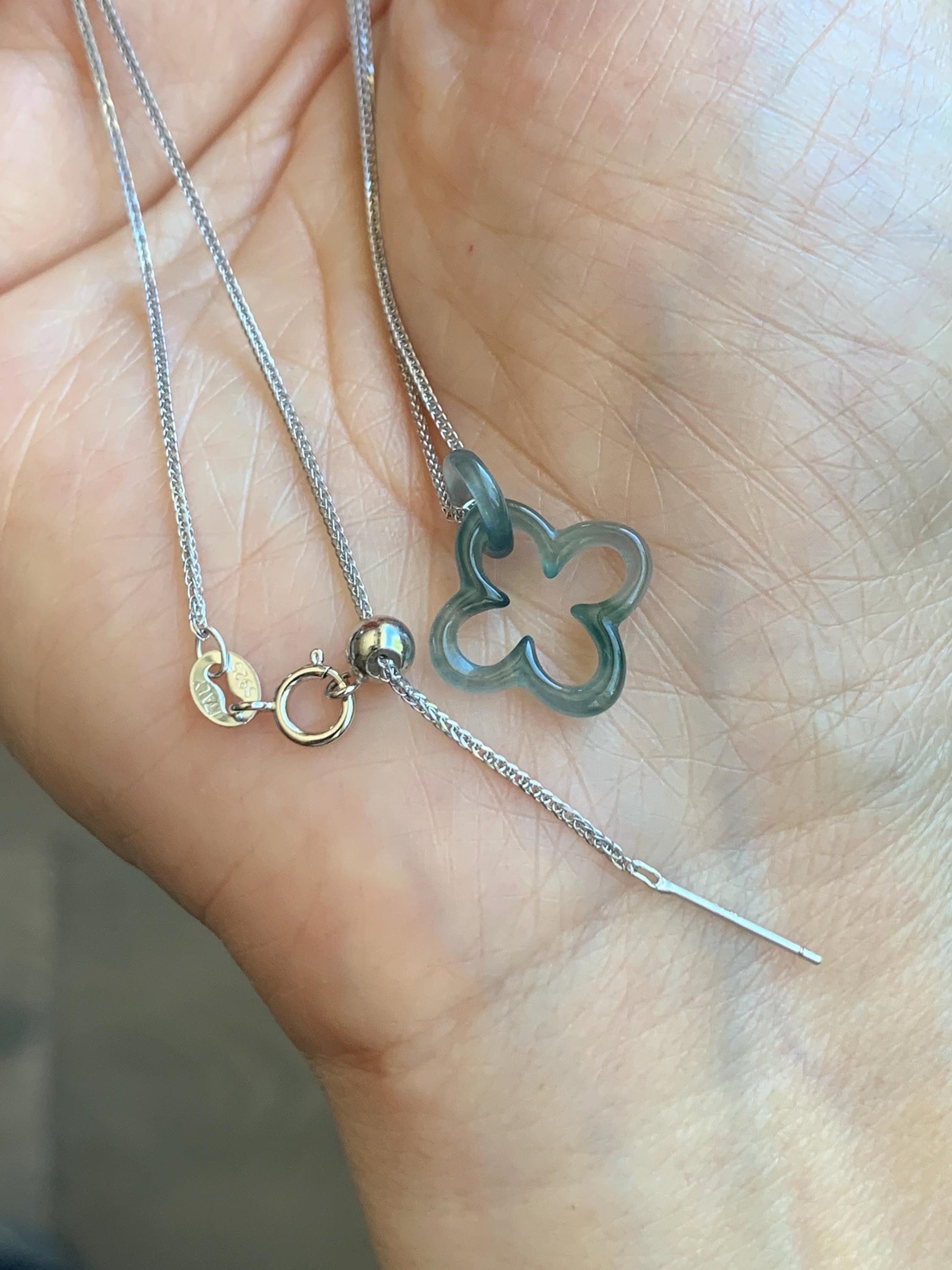 Natural Guatemalan Icy Highly Translucent Teal Blue Jadeite Clover Leaf Quatrefoil Interlocking Pendant Chain 17.5” 天然高冰危蓝起光翡翠四叶草款环环相扣吊坠