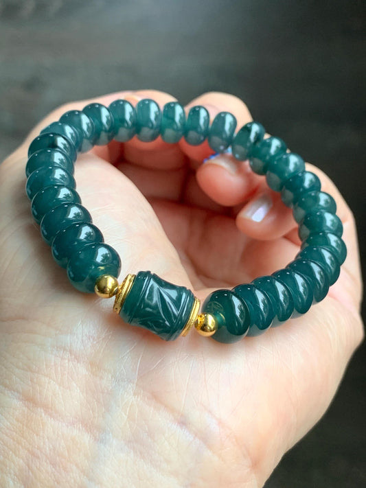 Natural Grade A Guatemalan Icy Translucent Intense Teal Blue Jade Jadeite Drum Beads Bamboo Bead Beaded Bracelet 6.75” 天然冰危深蓝翡翠鼓珠竹节珠手串 ZJ169