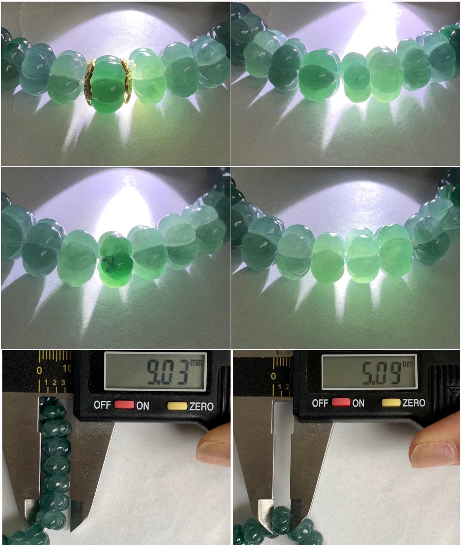 Natural Grade A Guatemalan Icy Translucent Teal Blue Jadeite Carved Pumpkin Beads Beaded Bracelet Sterling Silver 6.5” 天然冰危蓝翡翠南瓜珠手串 NGZ88