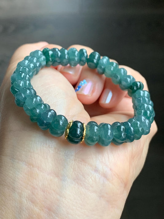 Natural Grade A Guatemalan Icy Translucent Teal Blue Jadeite Carved Pumpkin Beads Beaded Bracelet Sterling Silver 6.5” 天然冰危蓝翡翠南瓜珠手串 NGZ88
