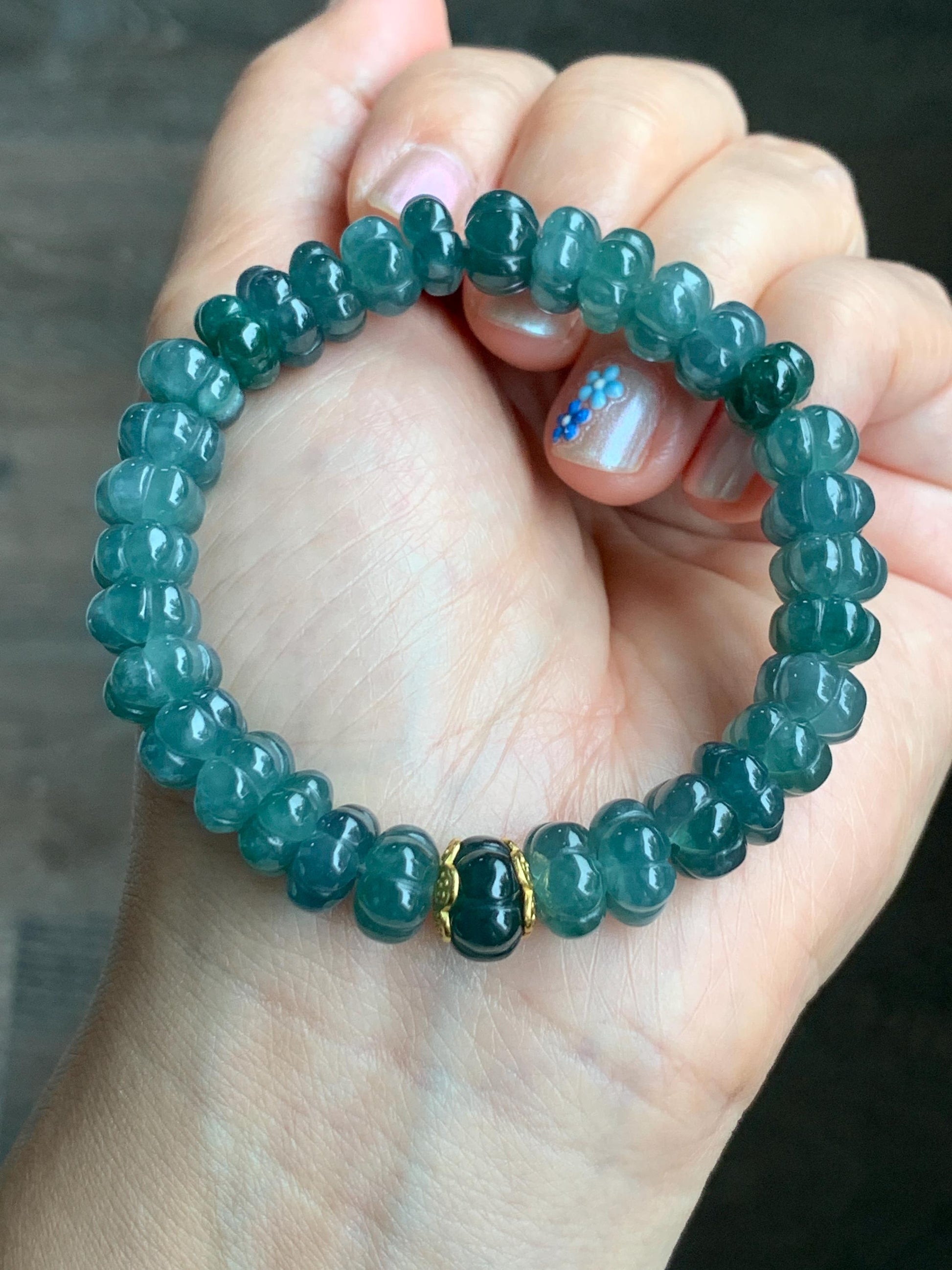 Natural Grade A Guatemalan Icy Translucent Teal Blue Jadeite Carved Pumpkin Beads Beaded Bracelet Sterling Silver 6.5” 天然冰危蓝翡翠南瓜珠手串 NGZ88