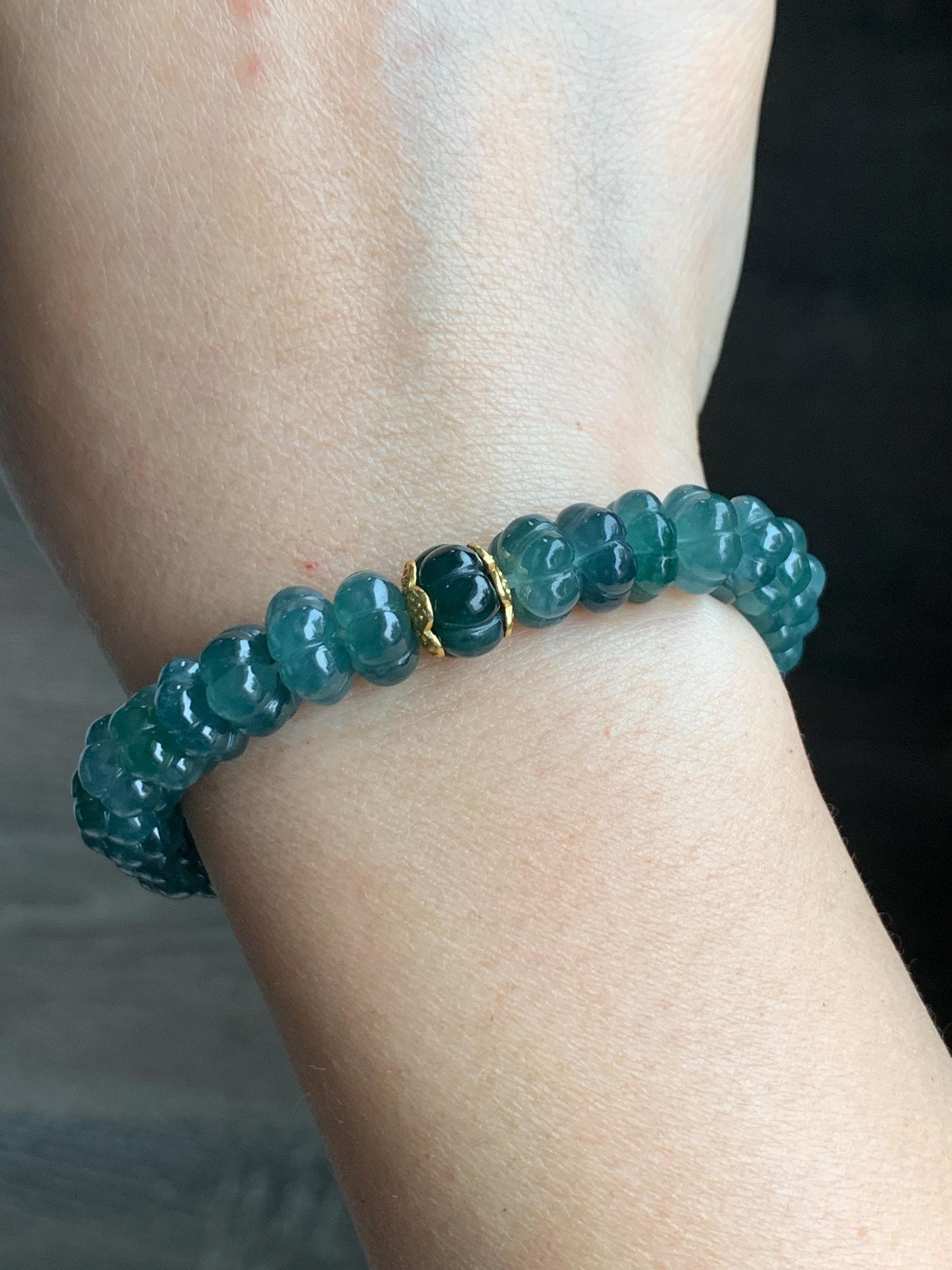Natural Grade A Guatemalan Icy Translucent Teal Blue Jadeite Carved Pumpkin Beads Beaded Bracelet Sterling Silver 6.5” 天然冰危蓝翡翠南瓜珠手串 NGZ88