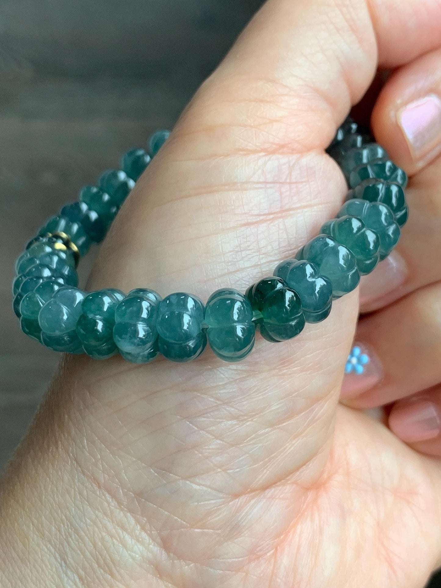 Natural Grade A Guatemalan Icy Translucent Teal Blue Jadeite Carved Pumpkin Beads Beaded Bracelet Sterling Silver 6.5” 天然冰危蓝翡翠南瓜珠手串 NGZ88