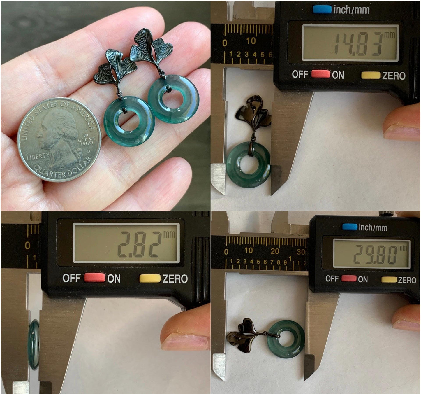 Natural Guatemalan Icy Translucent Teal Green Jadeite Ping An Kou Donut Stud Earrings Sterling Silver Black Rhodium 天然冰危蓝绿翡翠平安扣银杏叶耳钉 PAD-C