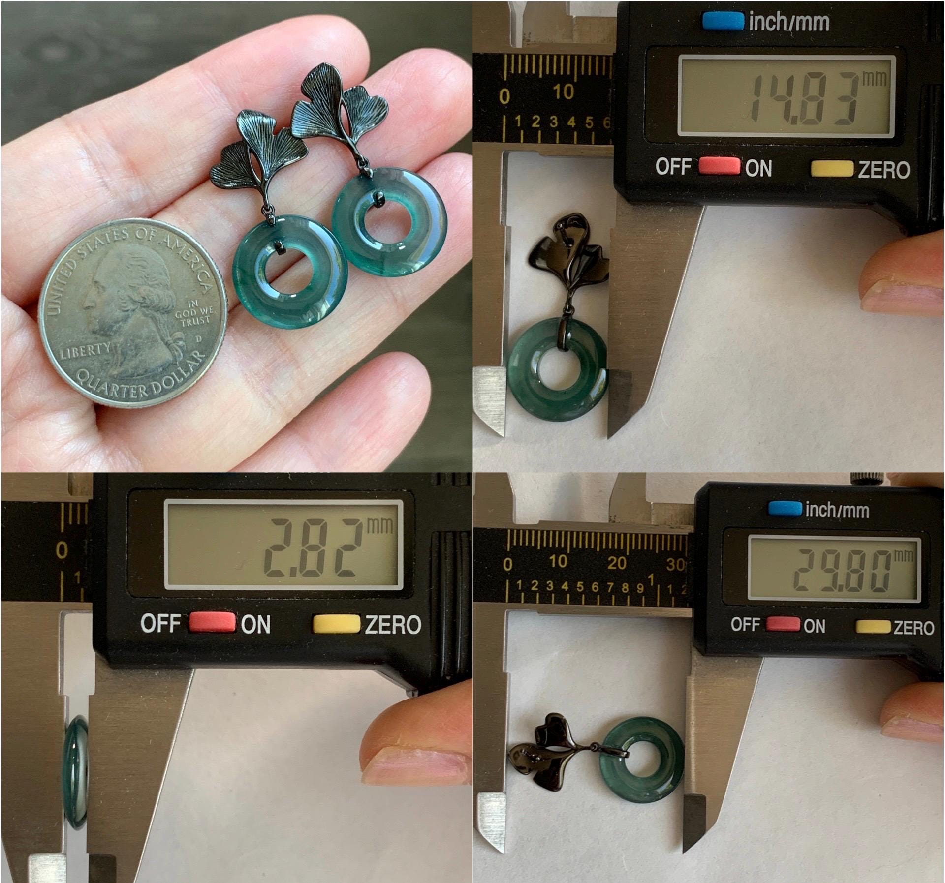 Natural Guatemalan Icy Translucent Teal Green Jadeite Ping An Kou Donut Stud Earrings Sterling Silver Black Rhodium 天然冰危蓝绿翡翠平安扣银杏叶耳钉 PAD-C
