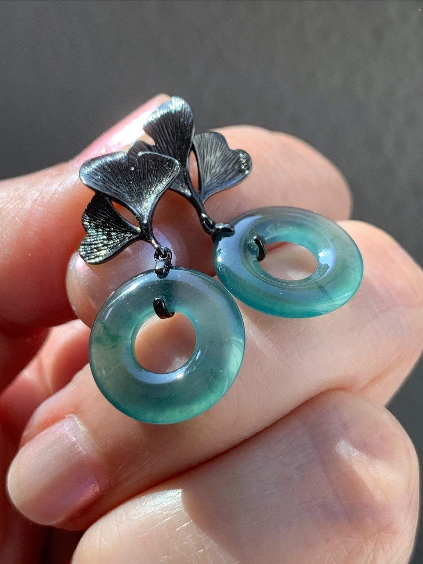 Natural Guatemalan Icy Translucent Teal Green Jadeite Ping An Kou Donut Stud Earrings Sterling Silver Black Rhodium 天然冰危蓝绿翡翠平安扣银杏叶耳钉 PAD-C