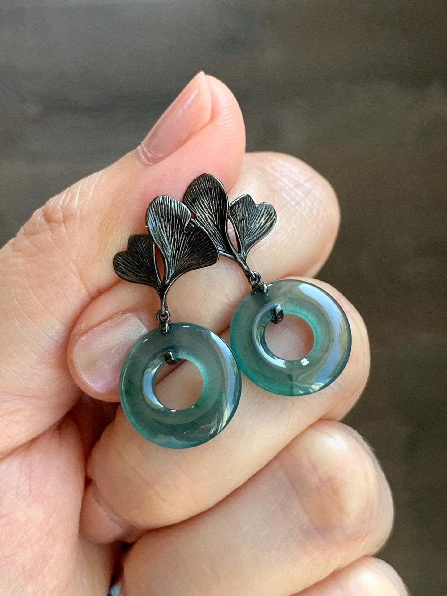 Natural Guatemalan Icy Translucent Teal Green Jadeite Ping An Kou Donut Stud Earrings Sterling Silver Black Rhodium 天然冰危蓝绿翡翠平安扣银杏叶耳钉 PAD-C