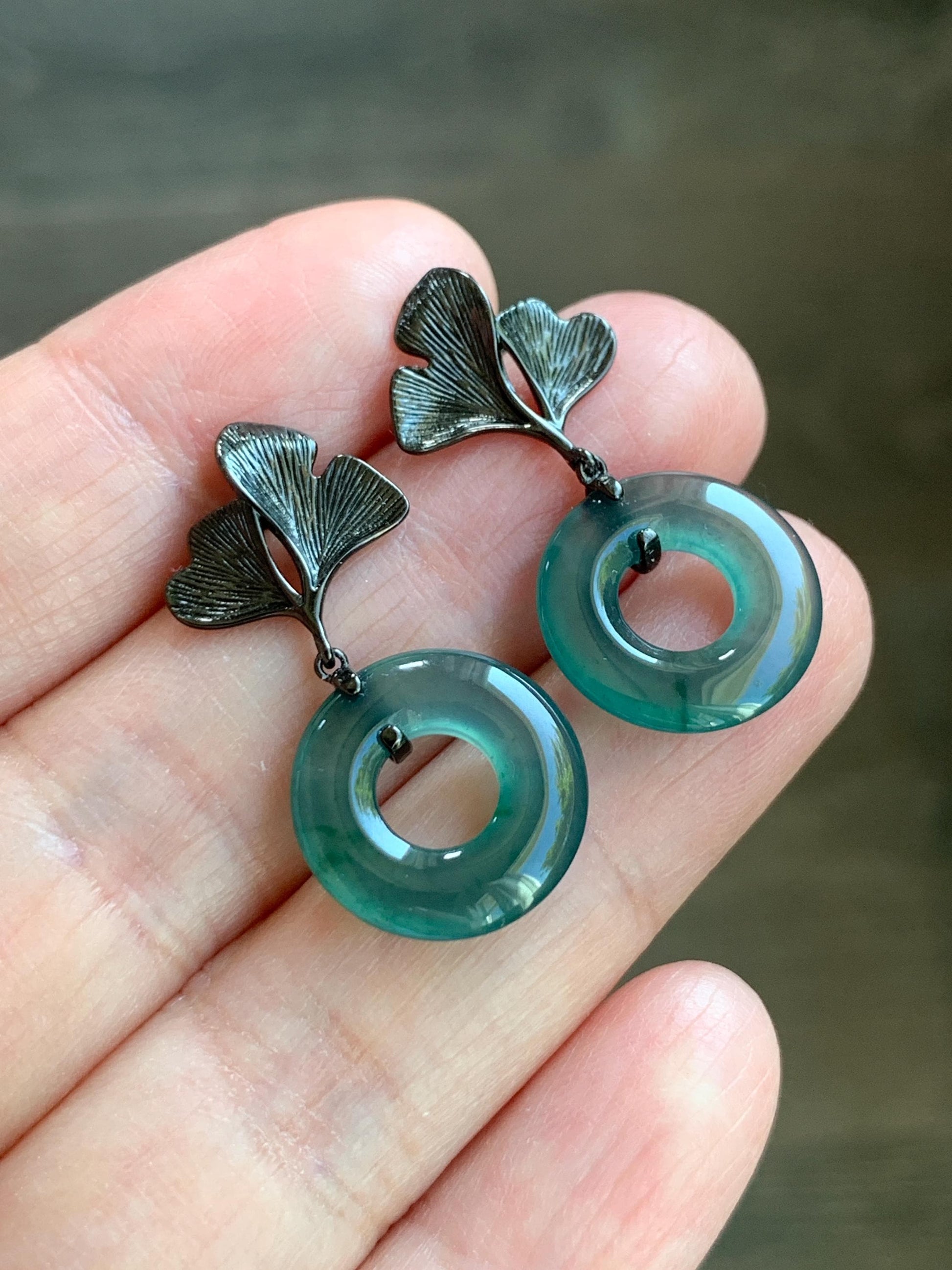 Natural Guatemalan Icy Translucent Teal Green Jadeite Ping An Kou Donut Stud Earrings Sterling Silver Black Rhodium 天然冰危蓝绿翡翠平安扣银杏叶耳钉 PAD-C