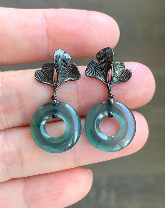 Natural Guatemalan Icy Translucent Teal Green Jadeite Ping An Kou Donut Stud Earrings Sterling Silver Black Rhodium 天然冰危蓝绿翡翠平安扣银杏叶耳钉 PAD-C