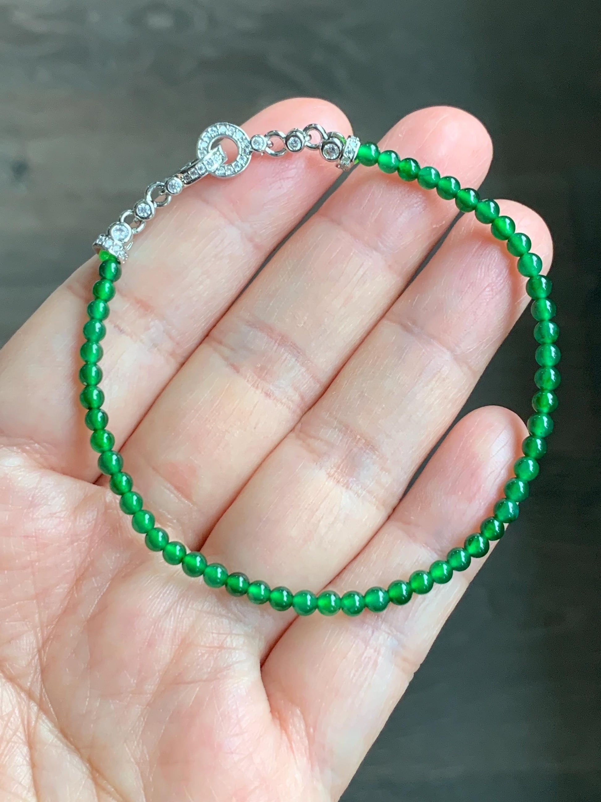 Natural Grade A Guatemalan Icy Highly Translucent Vibrant Jade Jadeite Petite Beads Beaded Bracelet 3mm 7.25” 4g 天然冰危绿翡翠小圆珠手串 WXM165