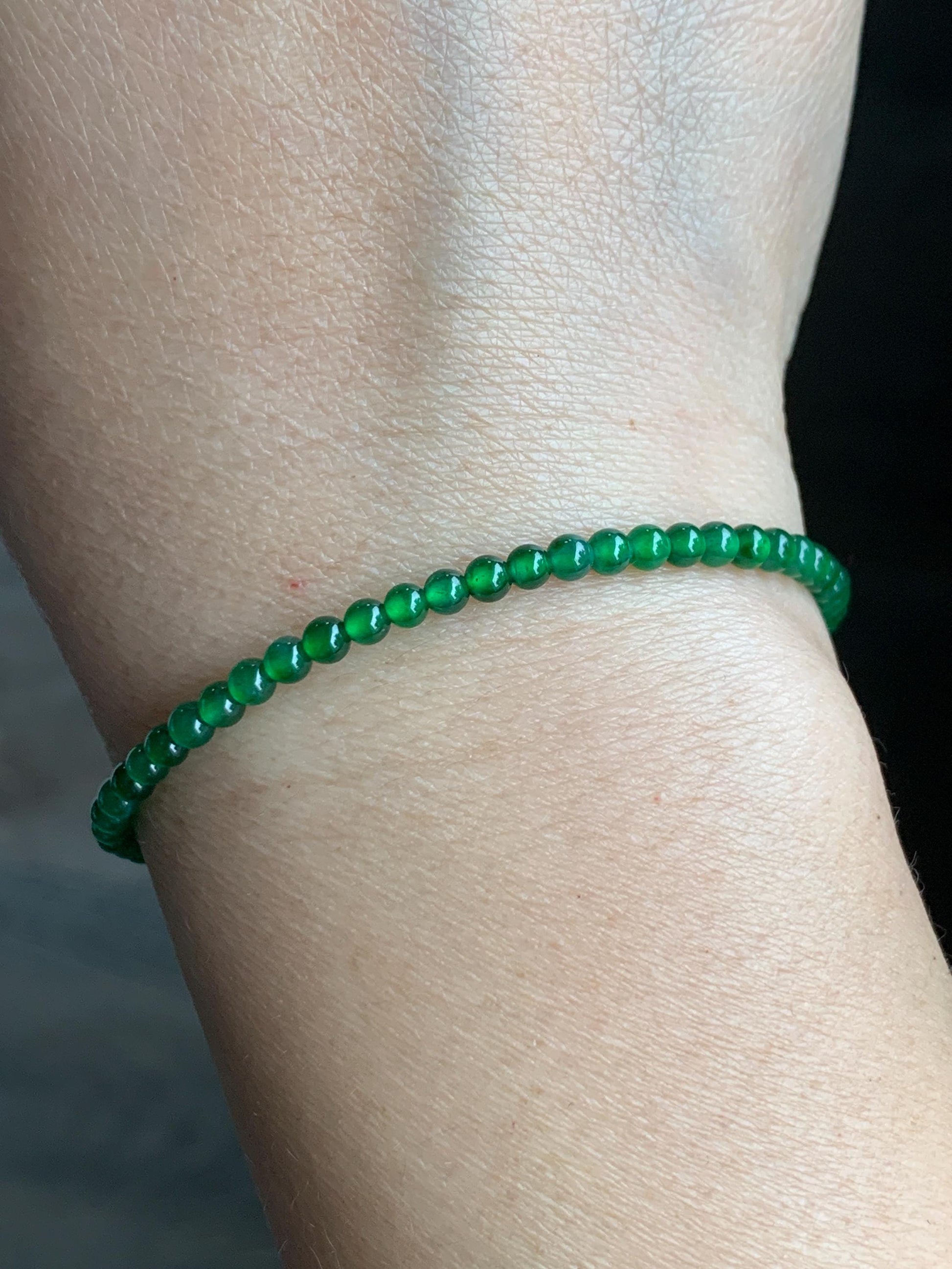 Natural Grade A Guatemalan Icy Highly Translucent Vibrant Jade Jadeite Petite Beads Beaded Bracelet 3mm 7.25” 4g 天然冰危绿翡翠小圆珠手串 WXM165