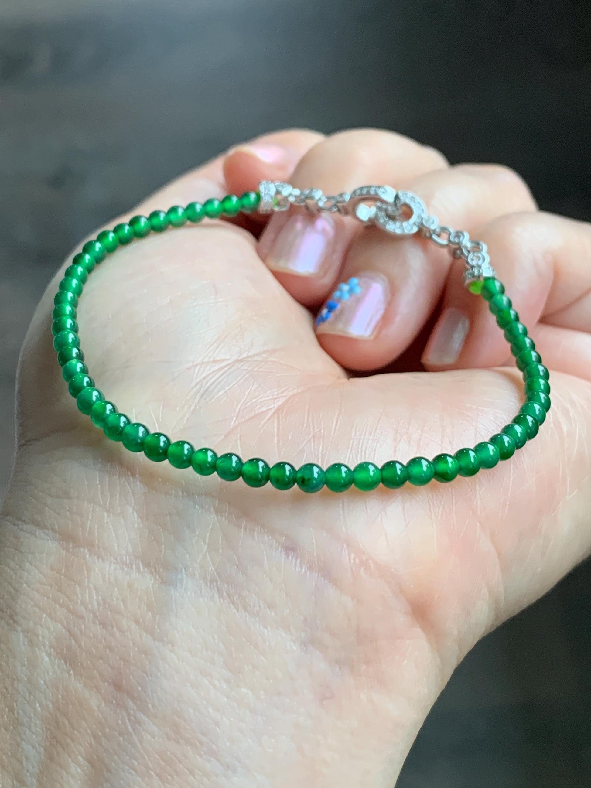 Natural Grade A Guatemalan Icy Highly Translucent Vibrant Jade Jadeite Petite Beads Beaded Bracelet 3mm 7.25” 4g 天然冰危绿翡翠小圆珠手串 WXM165