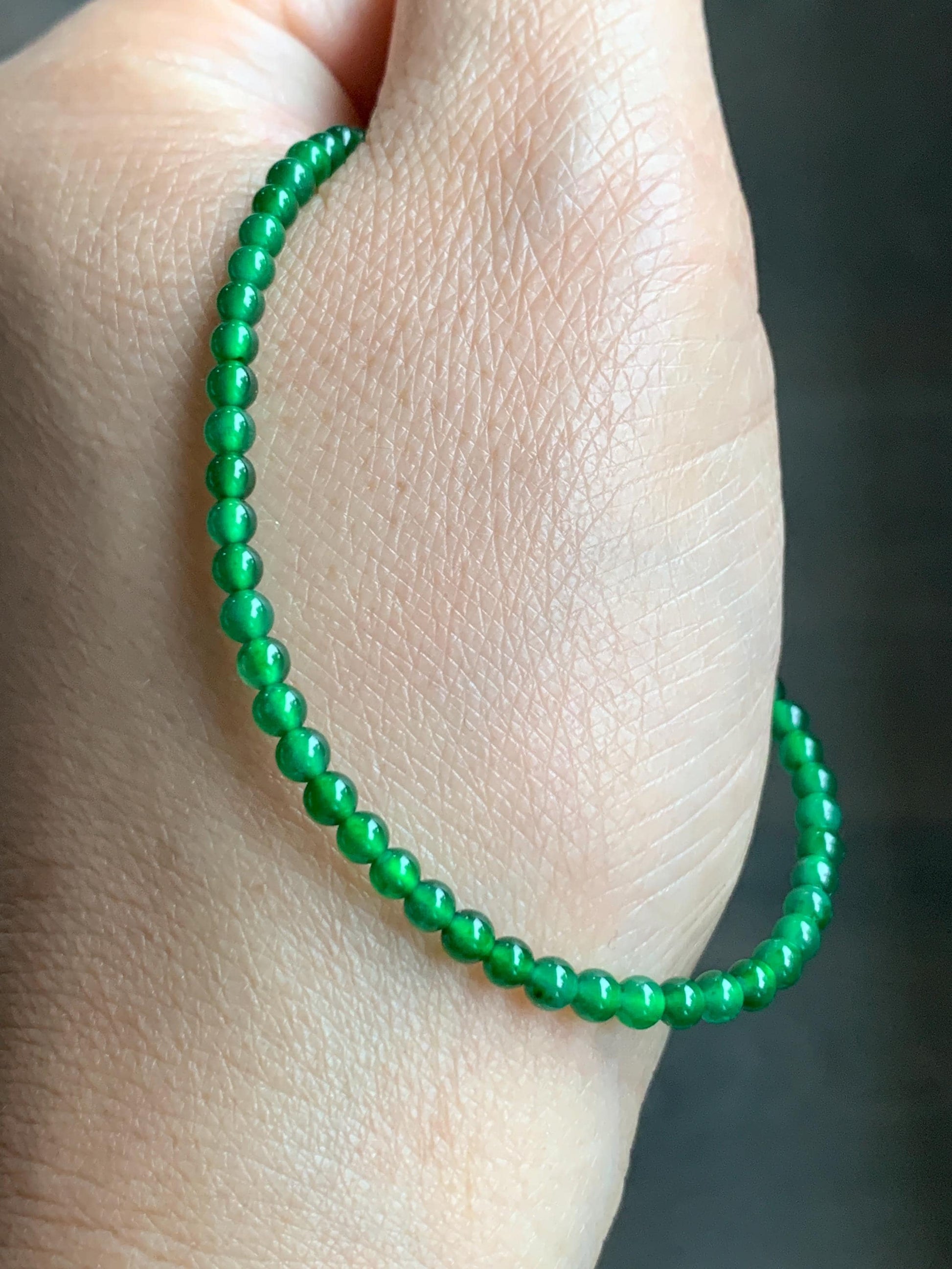 Natural Grade A Guatemalan Icy Highly Translucent Vibrant Jade Jadeite Petite Beads Beaded Bracelet 3mm 7.25” 4g 天然冰危绿翡翠小圆珠手串 WXM165