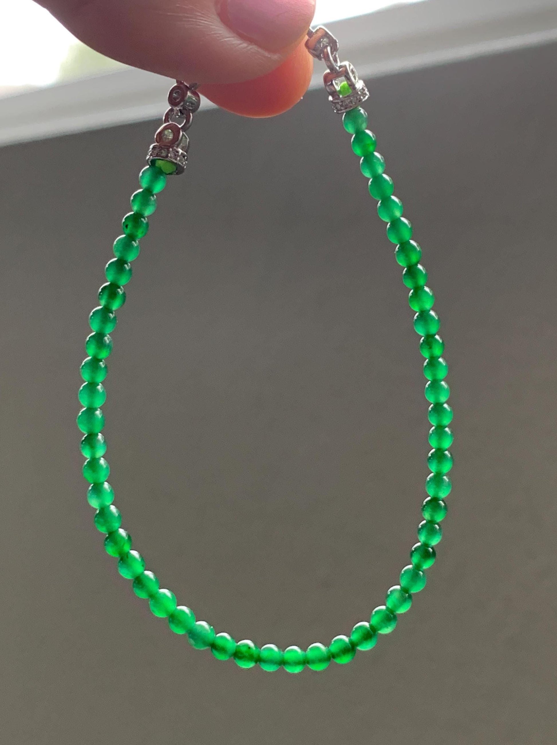 Natural Grade A Guatemalan Icy Highly Translucent Vibrant Jade Jadeite Petite Beads Beaded Bracelet 3mm 7.25” 4g 天然冰危绿翡翠小圆珠手串 WXM165