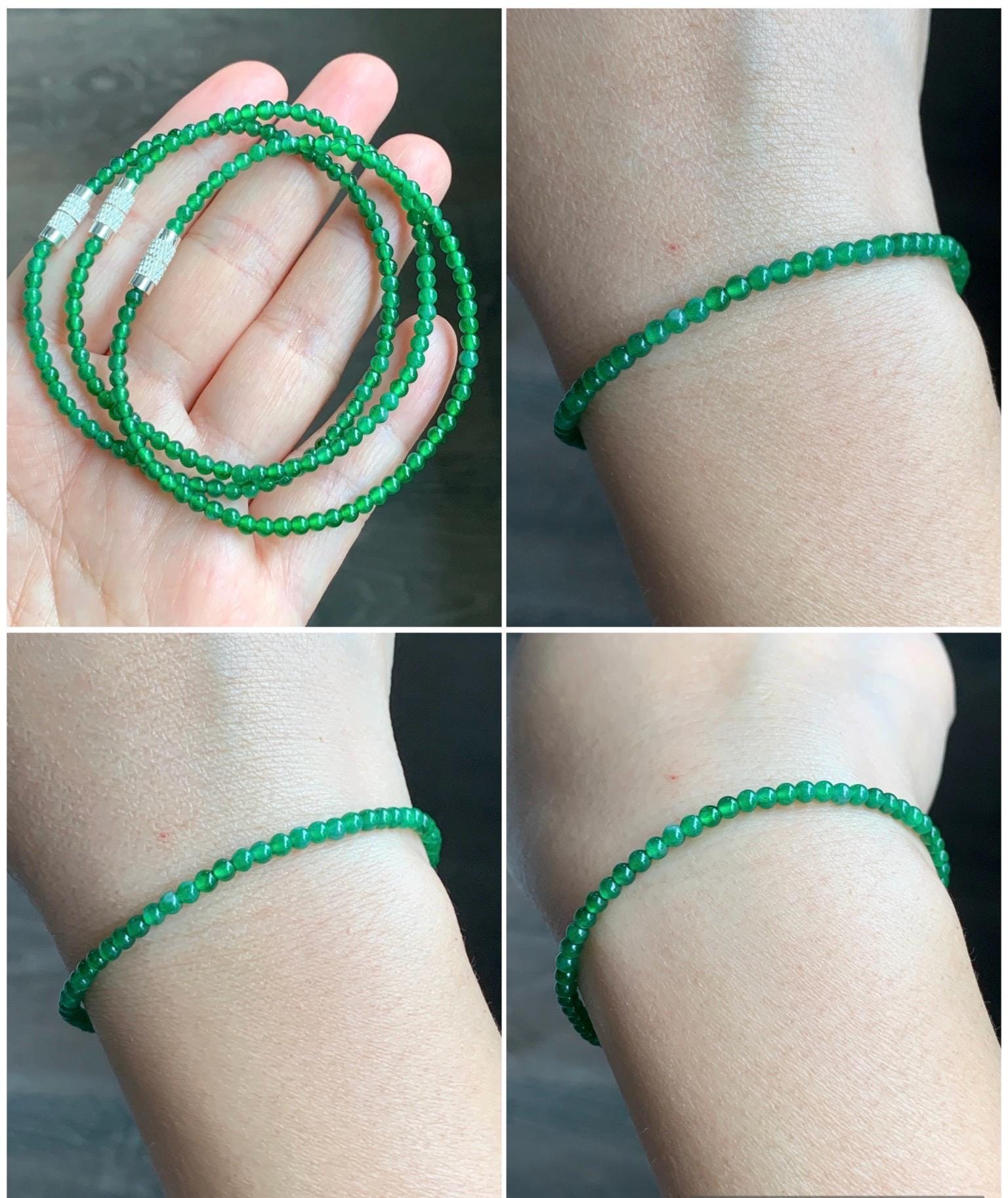 Natural Grade A Guatemalan Icy Highly Translucent Vibrant Green Jadeite Petite Beads Beaded Bracelet 7.25” 3mm 4g 天然冰危绿翡翠小卡圆珠手串 WXM570