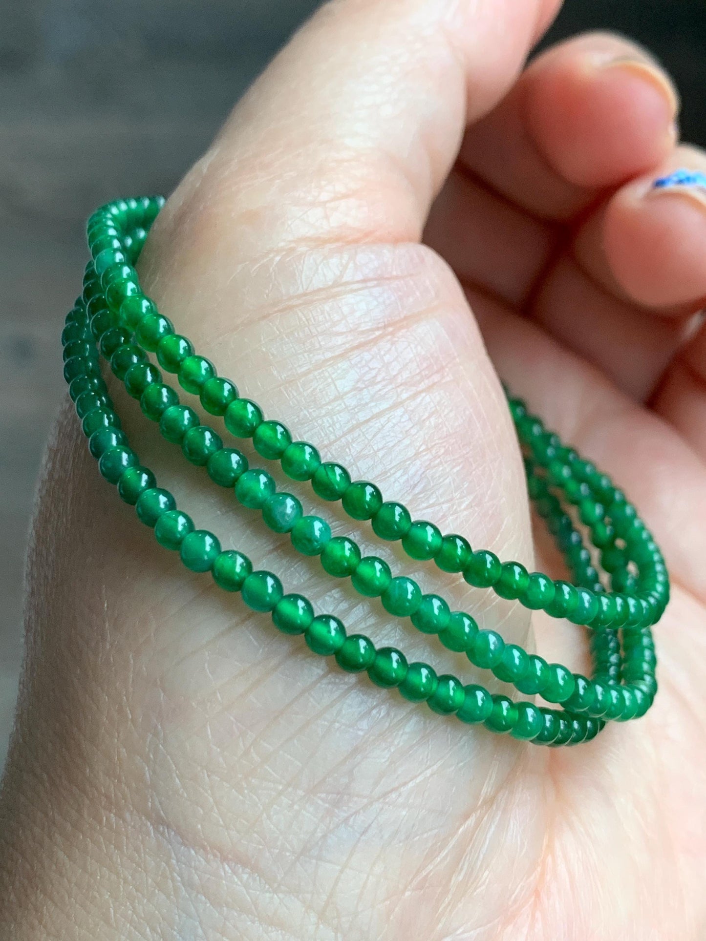 Natural Grade A Guatemalan Icy Highly Translucent Vibrant Green Jadeite Petite Beads Beaded Bracelet 7.25” 3mm 4g 天然冰危绿翡翠小卡圆珠手串 WXM570