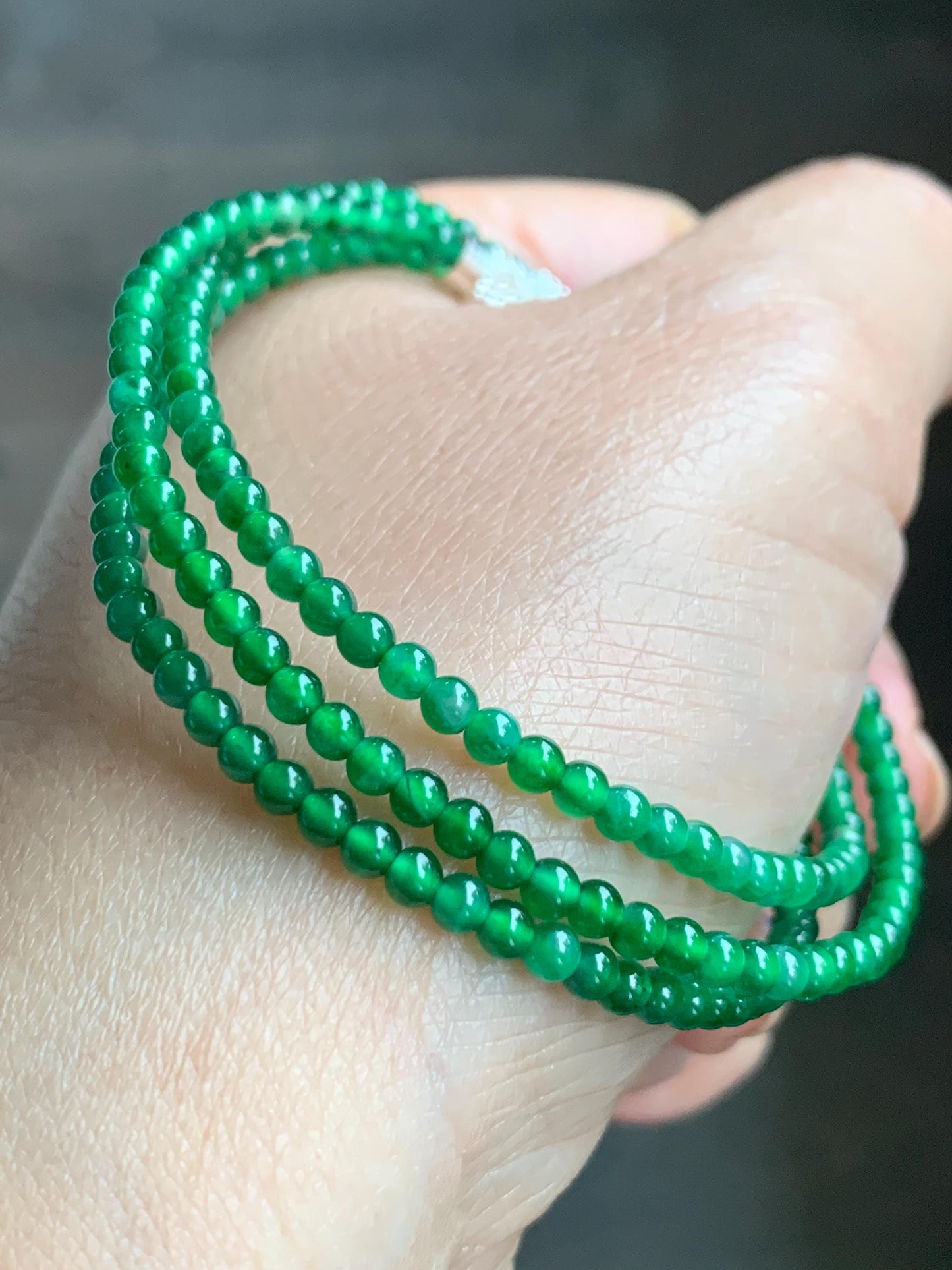 Natural Grade A Guatemalan Icy Highly Translucent Vibrant Green Jadeite Petite Beads Beaded Bracelet 7.25” 3mm 4g 天然冰危绿翡翠小卡圆珠手串 WXM570