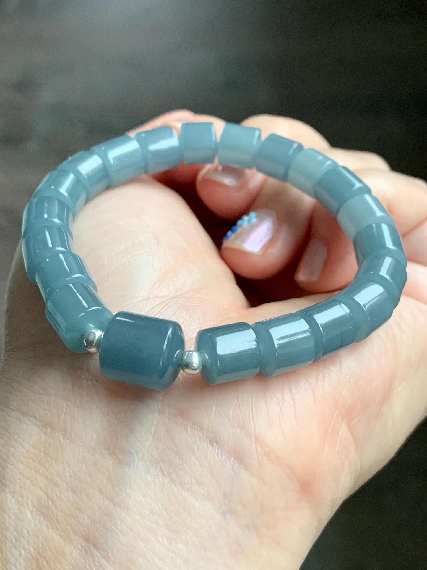 Natural Grade A Guatemalan Icy Translucent Gelatinous Dusty Blue Jadeite Barrel Beads Beaded Bracelet Stretchy 6.75” 26g 天然冰危篮翡翠桶珠手串 WLG213A