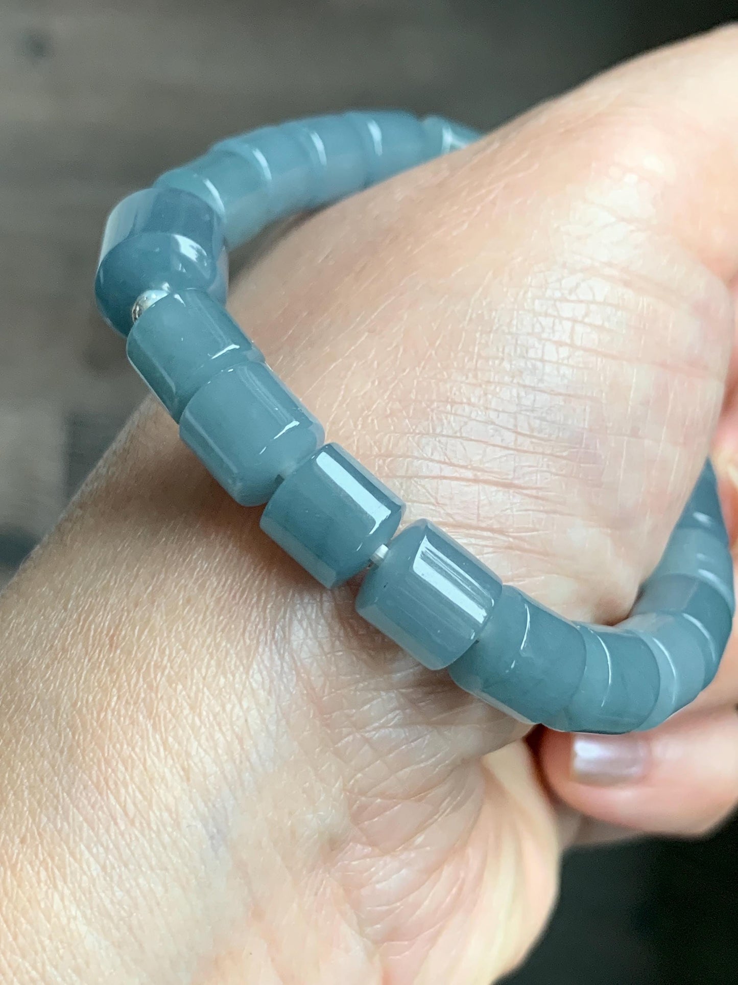 Natural Grade A Guatemalan Icy Translucent Gelatinous Dusty Blue Jadeite Barrel Beads Beaded Bracelet Stretchy 6.75” 26g 天然冰危篮翡翠桶珠手串 WLG213A