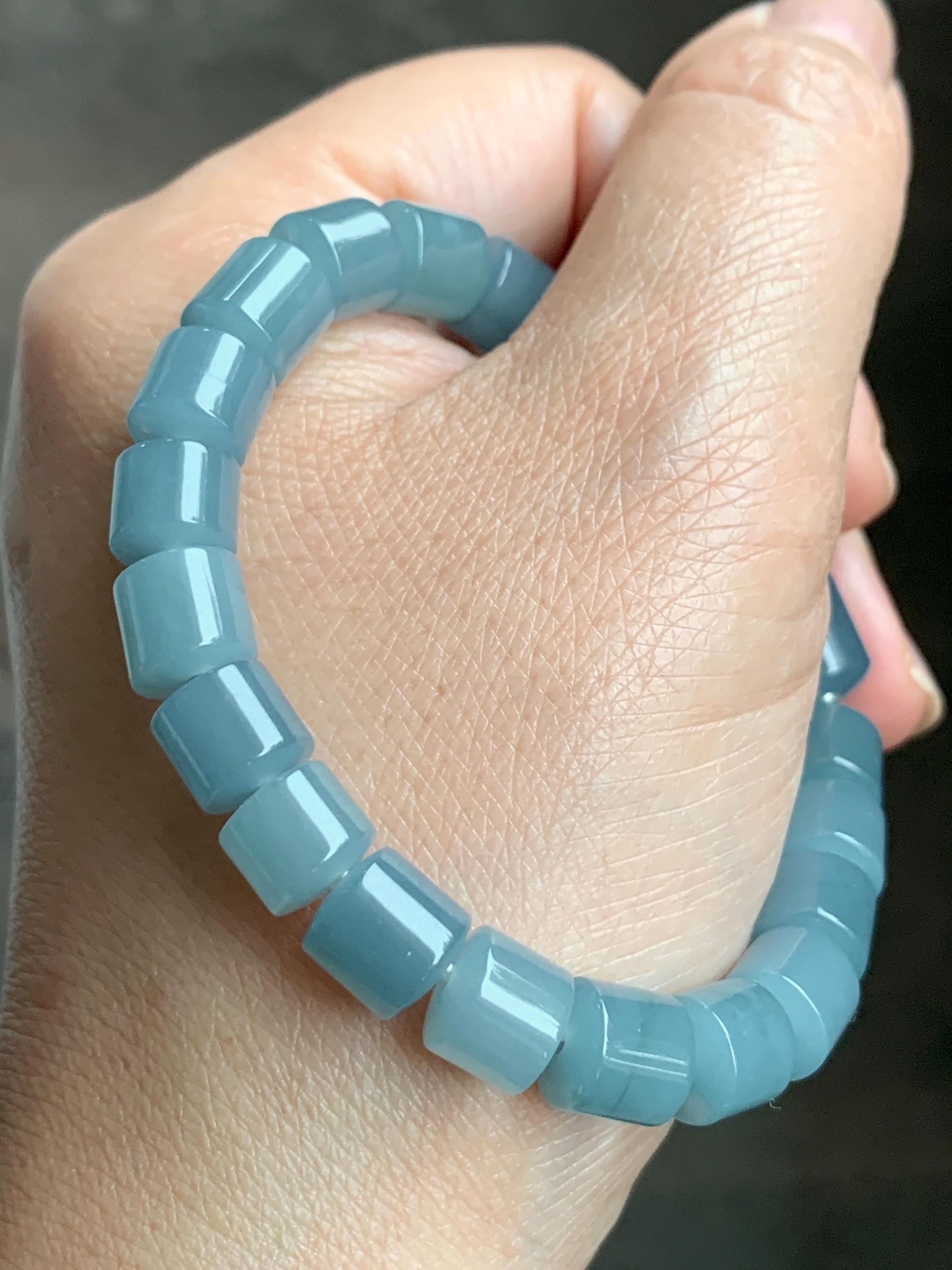 Natural Grade A Guatemalan Icy Translucent Gelatinous Dusty Blue Jadeite Barrel Beads Beaded Bracelet Stretchy 6.75” 26g 天然冰危篮翡翠桶珠手串 WLG213A