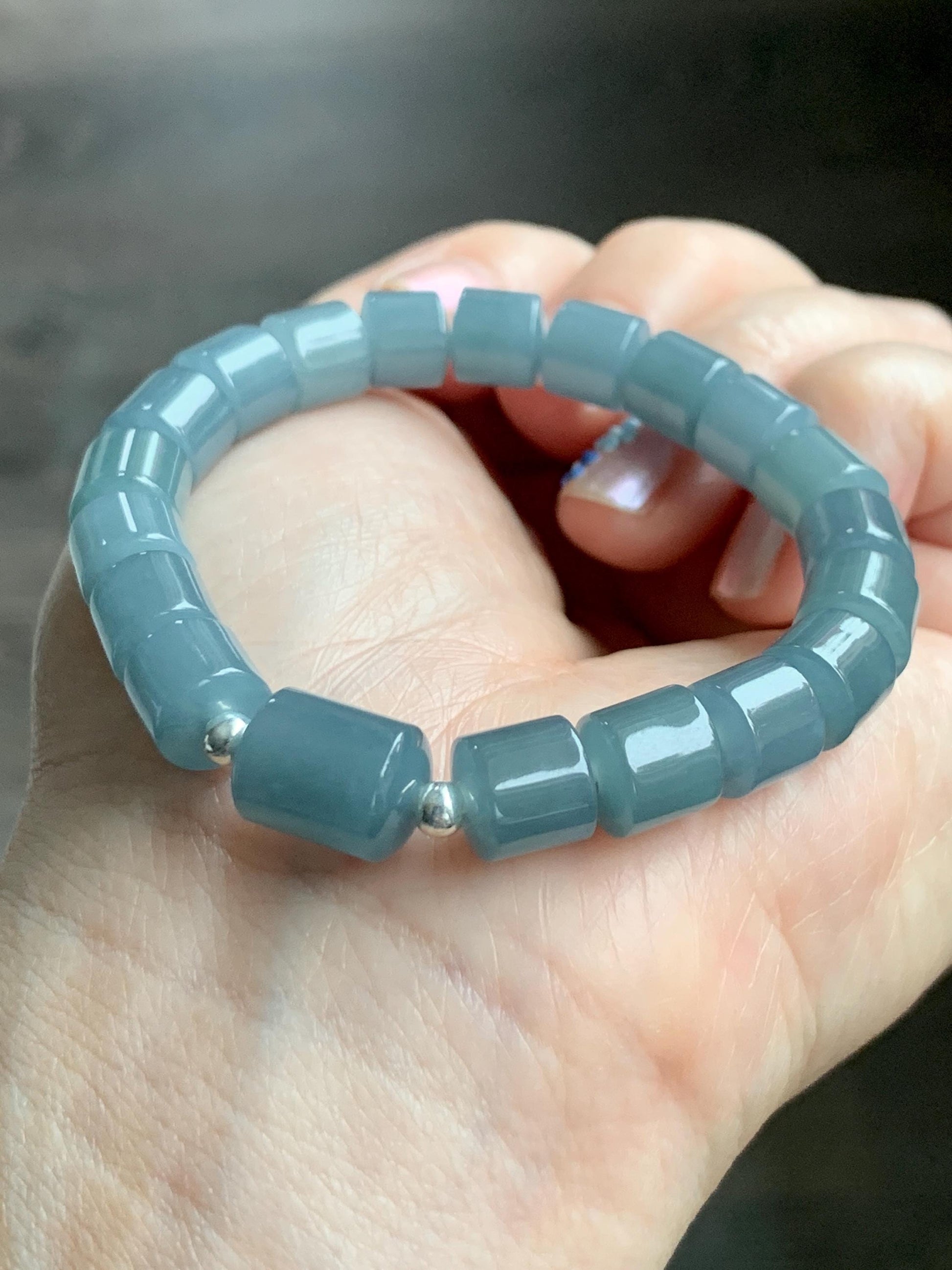 Natural Grade A Guatemalan Icy Translucent Gelatinous Dusty Blue Jadeite Barrel Beads Beaded Bracelet Stretchy 6.5” 25g 天然冰危篮翡翠桶珠手串 WLG213B