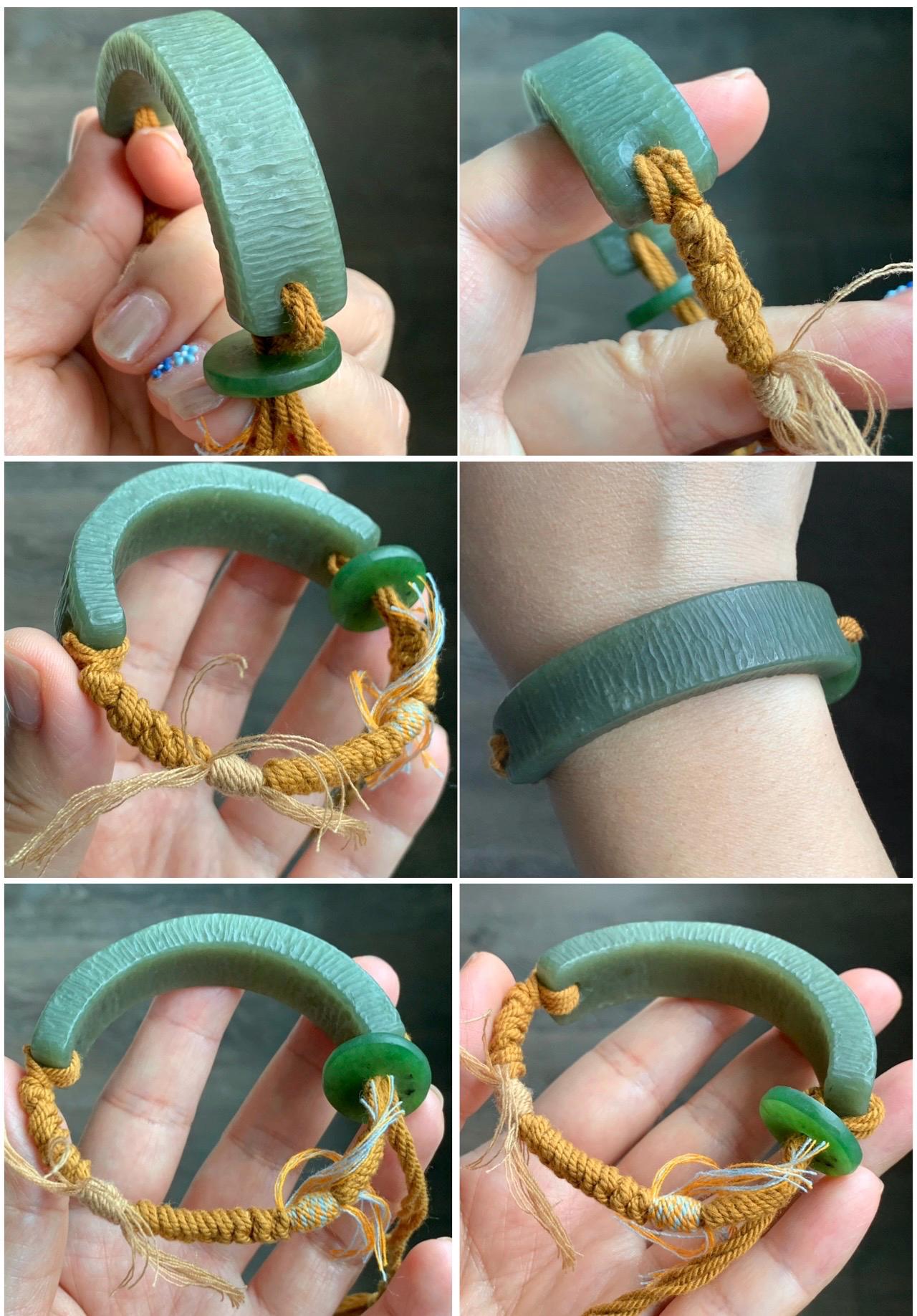 Natural Grade A Nephrite Jade Cuff Rope Bracelet Translucent Dusty Olive Green Adjustable 30g HTY-D