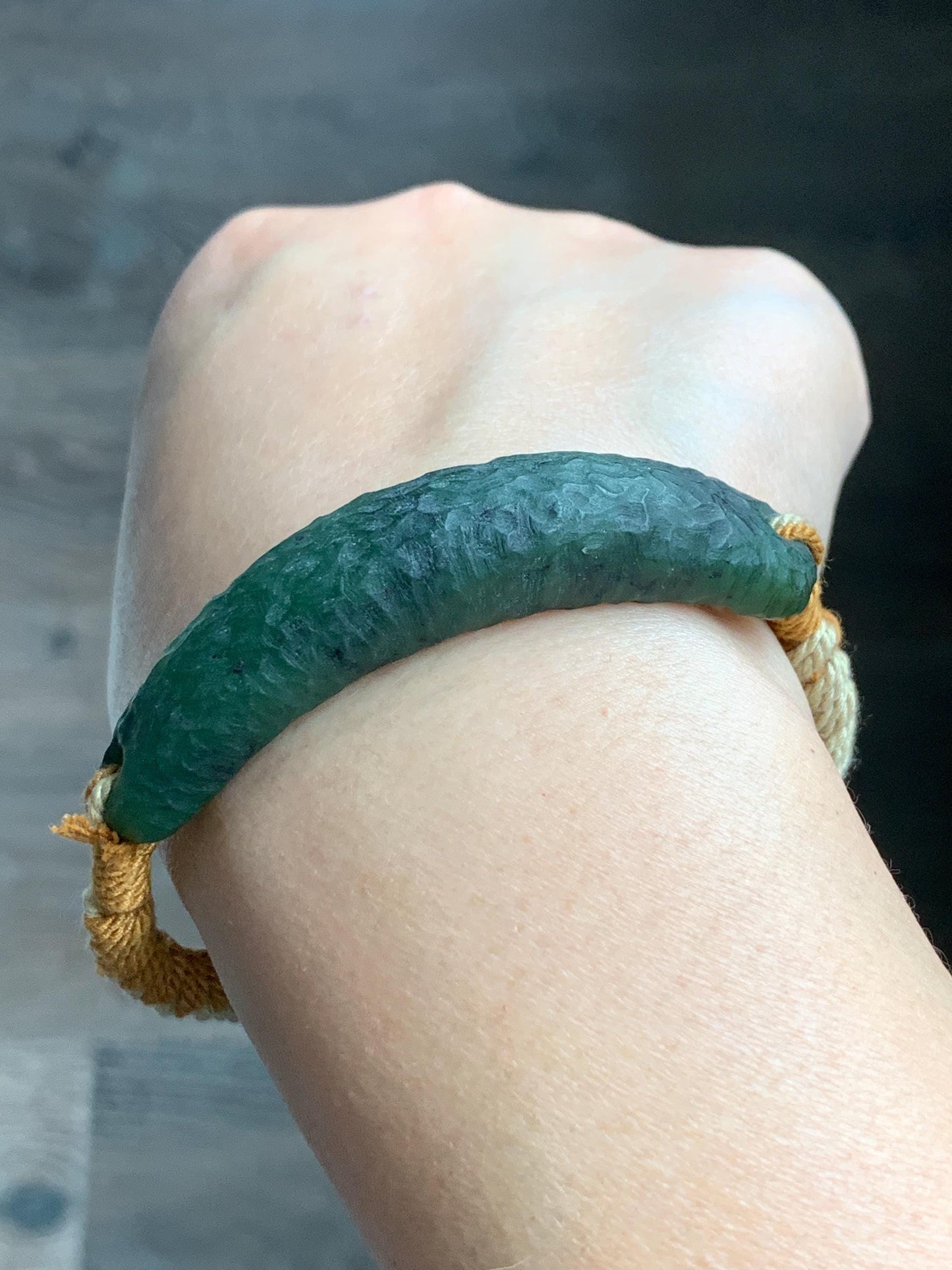 Natural Grade A Nephrite Jade Cuff Rope Bracelet Translucent Dark Green Adjustable 7" 22g HTY-E
