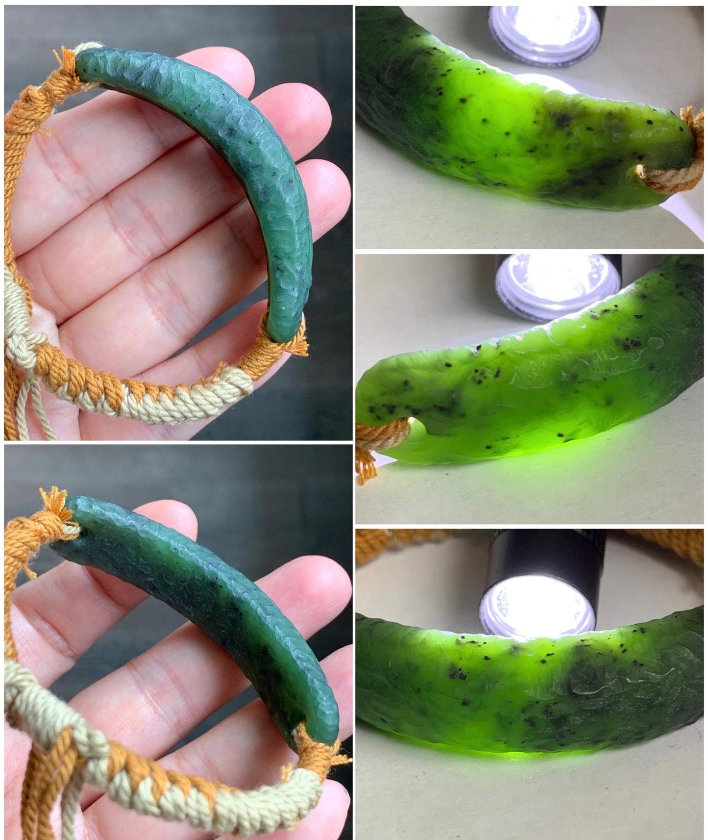 Natural Grade A Nephrite Jade Cuff Rope Bracelet Translucent Dark Green Adjustable 7" 22g HTY-E
