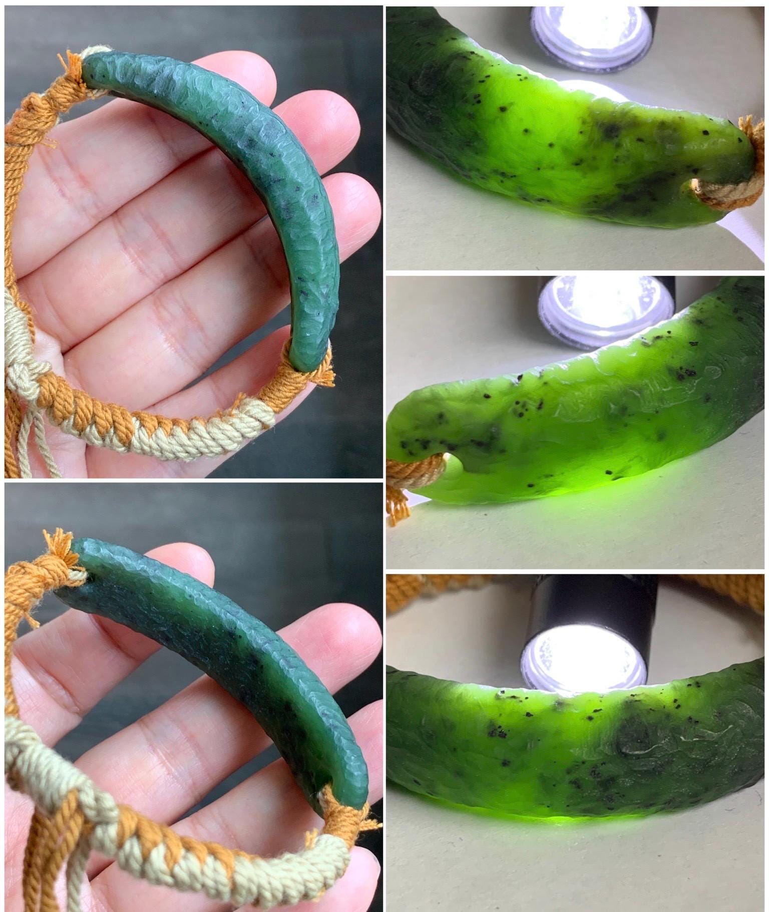 Natural Grade A Nephrite Jade Cuff Rope Bracelet Translucent Dark Green Adjustable 7" 22g HTY-E
