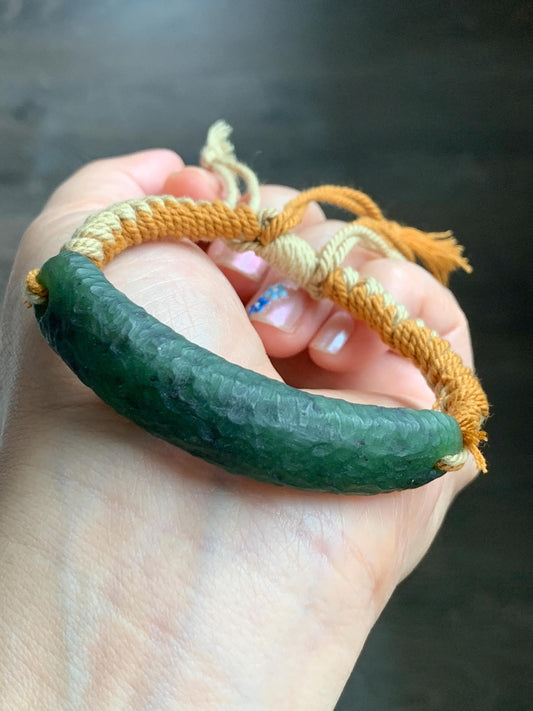 Natural Grade A Nephrite Jade Cuff Rope Bracelet Translucent Dark Green Adjustable 7" 22g HTY-E