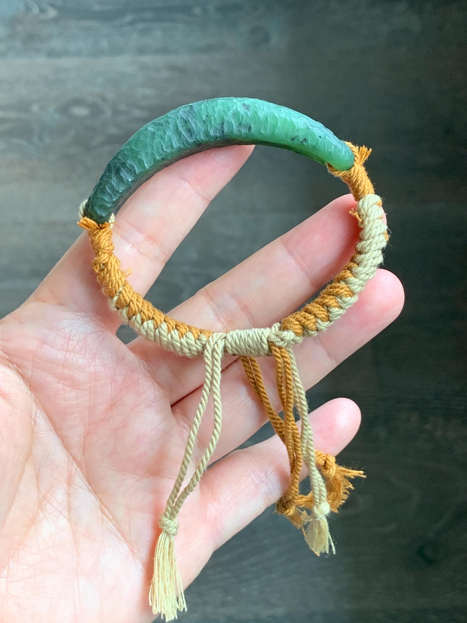 Natural Grade A Nephrite Jade Cuff Rope Bracelet Translucent Dark Green Adjustable 7" 22g HTY-E