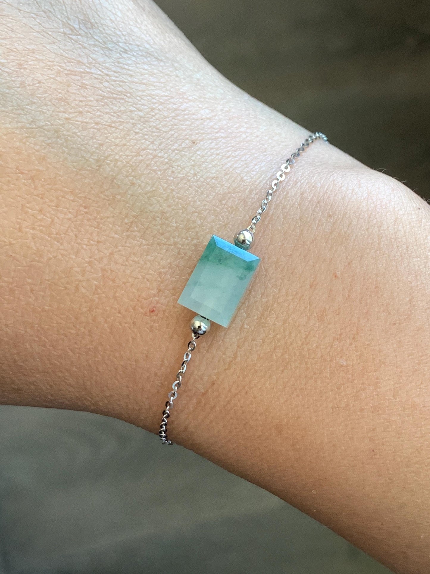 Natural Grade A Icy Translucent Light Green Marbled Jadeite Charm Sterling Silver Chain Bracelet adjustable 7.5” 天然冰晴飘花翡翠切割面方糖针式银手链 FTPH