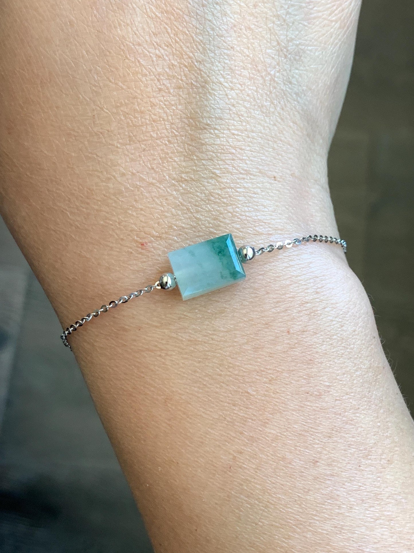 Natural Grade A Icy Translucent Light Green Marbled Jadeite Charm Sterling Silver Chain Bracelet adjustable 7.5” 天然冰晴飘花翡翠切割面方糖针式银手链 FTPH