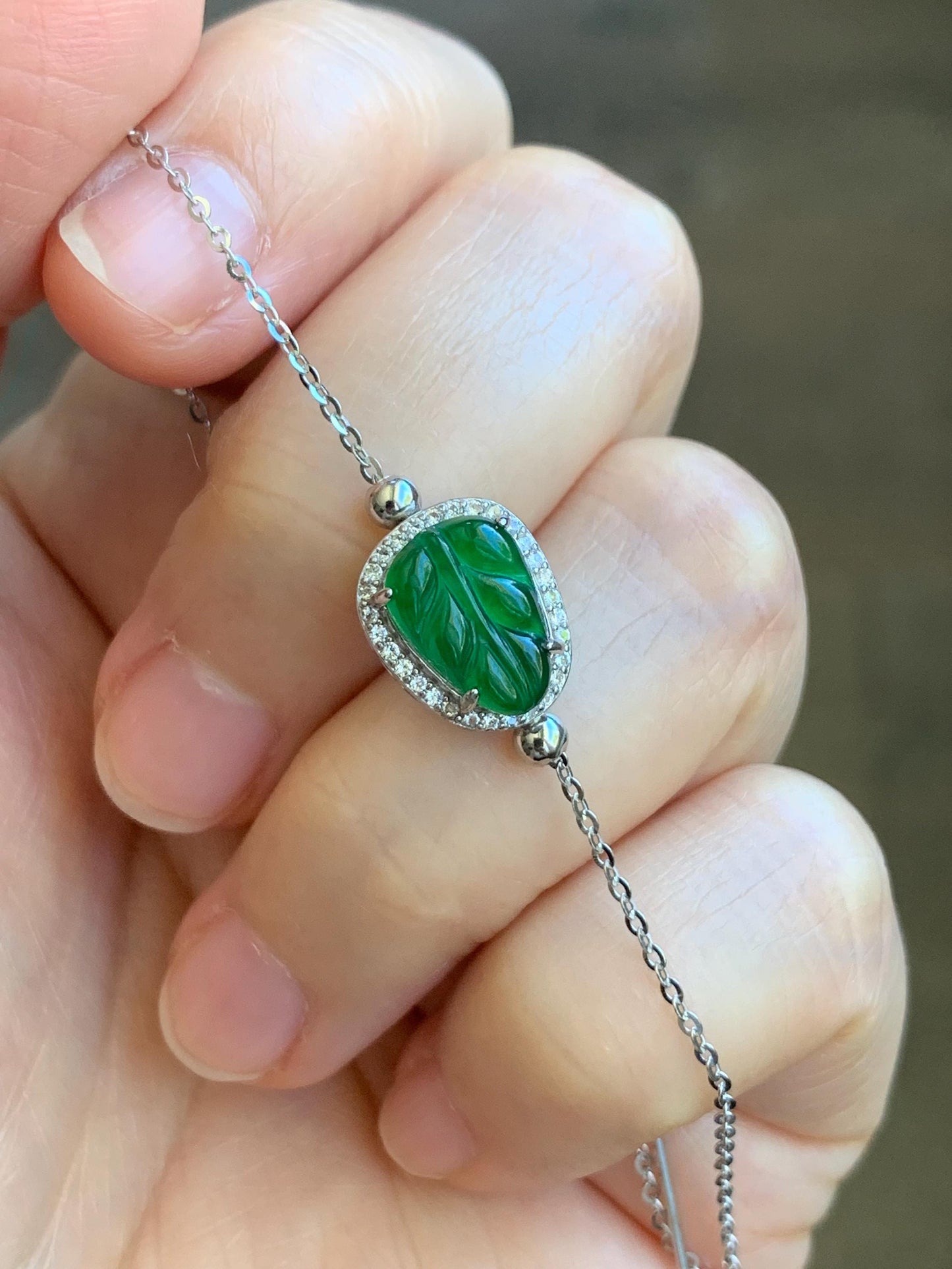 Natural Grade A Guatemalan Icy Translucent Vibrant Green Jadeite Leaf Charm Sterling Silver Chain Bracelet adjustable 天然冰危绿翡翠叶子针式银手链 LYPD