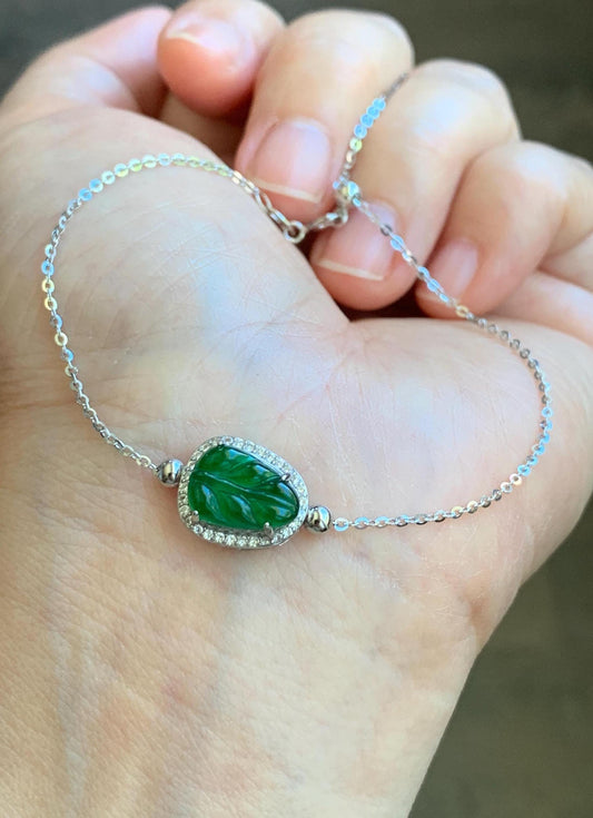 Natural Grade A Guatemalan Icy Translucent Vibrant Green Jadeite Leaf Charm Sterling Silver Chain Bracelet adjustable 天然冰危绿翡翠叶子针式银手链 LYPD