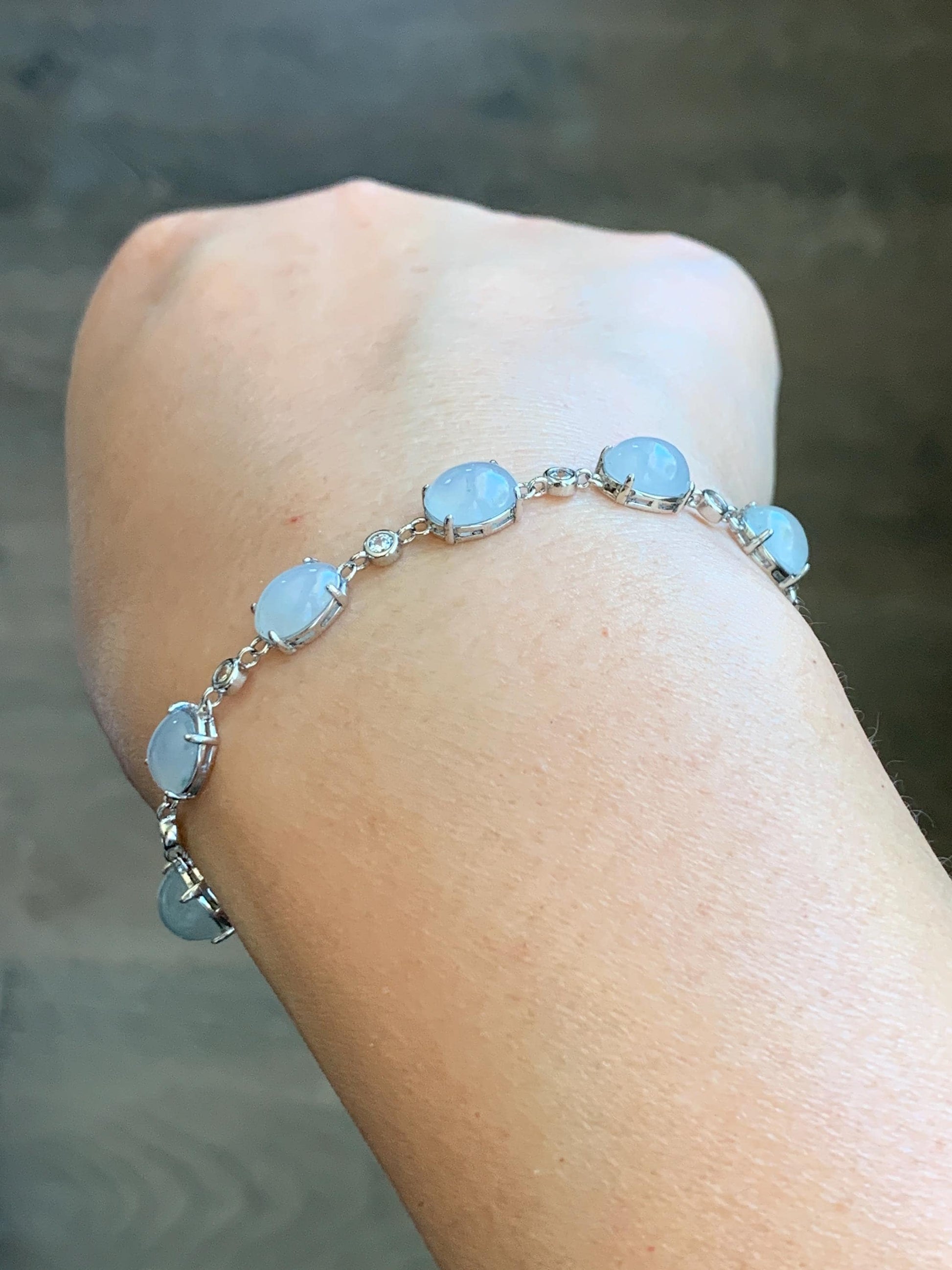 Natural Grade A Icy Translucent Gelatinous Pastel Purple Jadeite Link Chain Bracelet Sterling Silver 6.5”-7.75” 4g 天然冰浅紫底翡翠蛋面银镶手链 MDZL120