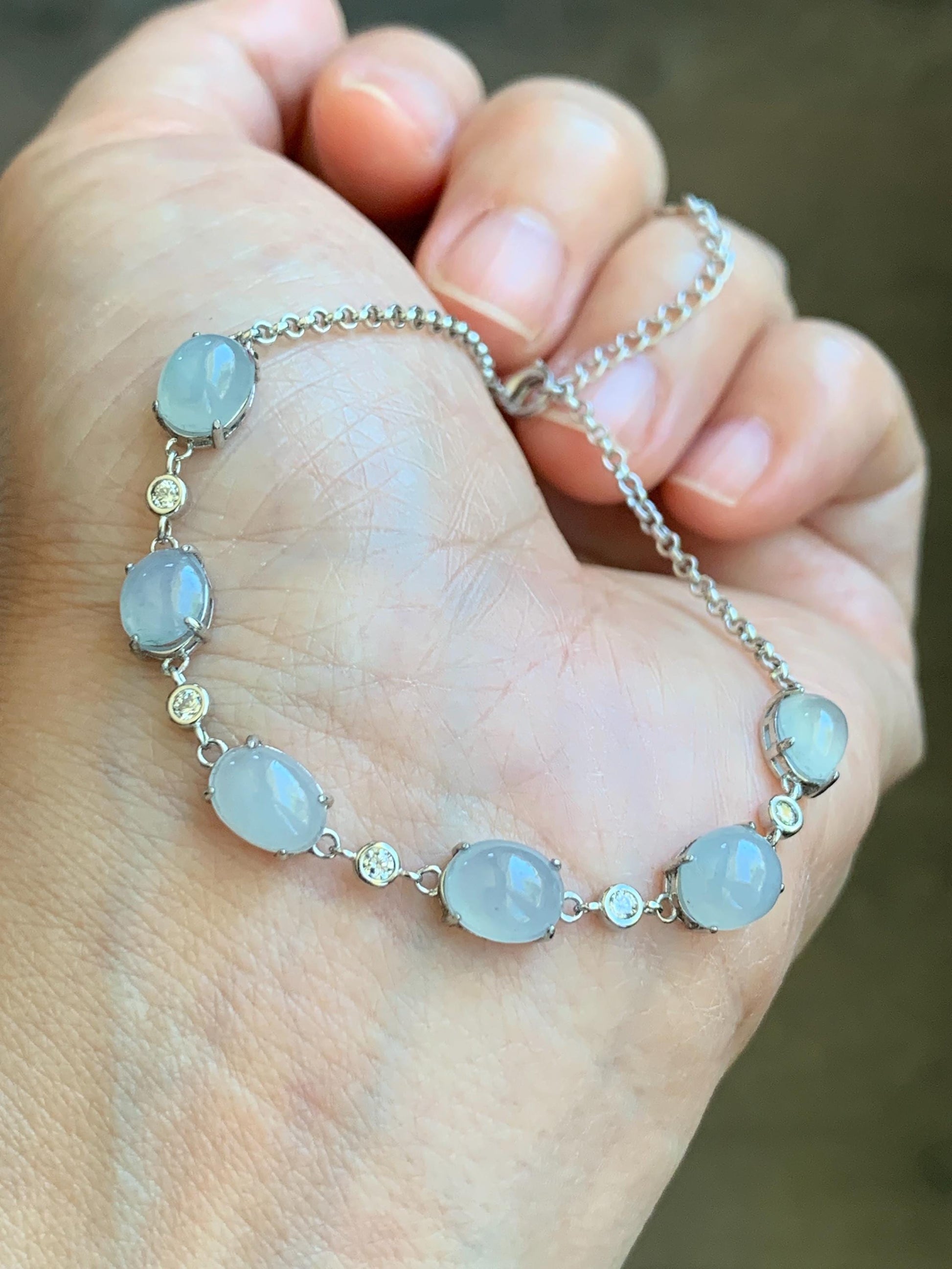 Natural Grade A Icy Translucent Gelatinous Pastel Purple Jadeite Link Chain Bracelet Sterling Silver 6.5”-7.75” 4g 天然冰浅紫底翡翠蛋面银镶手链 MDZL120