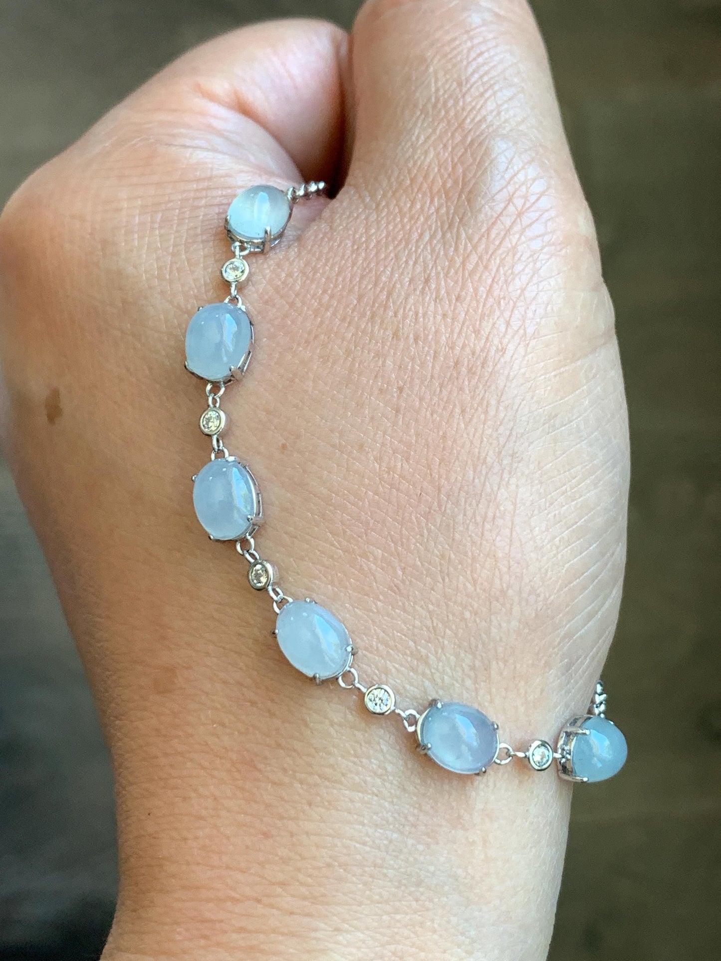 Natural Grade A Icy Translucent Gelatinous Pastel Purple Jadeite Link Chain Bracelet Sterling Silver 6.5”-7.75” 4g 天然冰浅紫底翡翠蛋面银镶手链 MDZL120