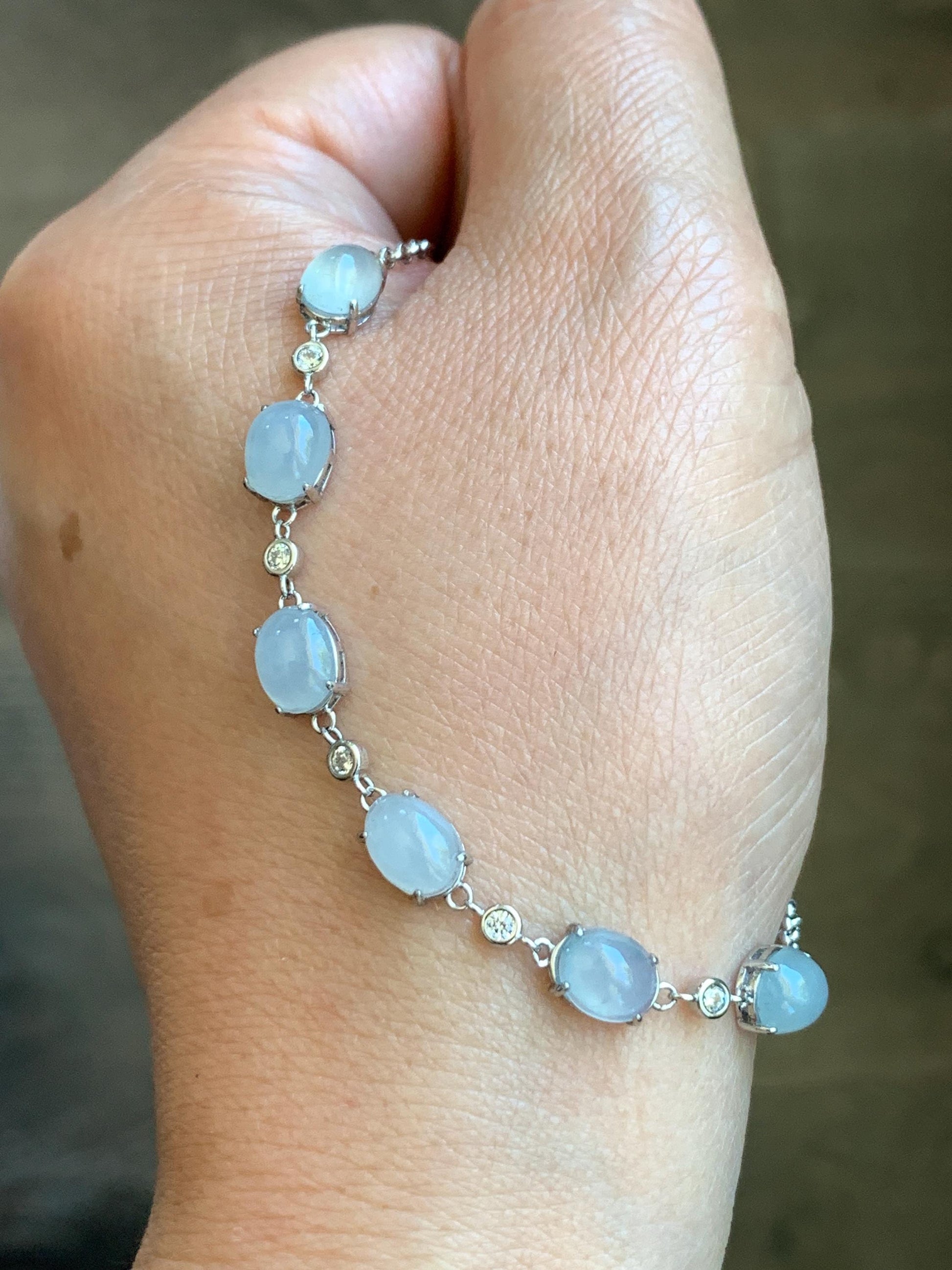 Natural Grade A Icy Translucent Gelatinous Pastel Purple Jadeite Link Chain Bracelet Sterling Silver 6.5”-7.75” 4g 天然冰浅紫底翡翠蛋面银镶手链 MDZL120