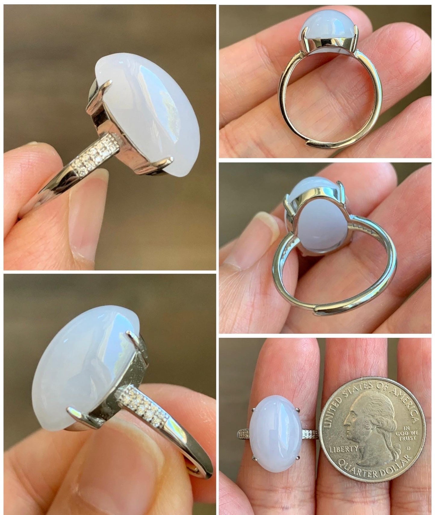 Natural Grade A Icy Translucent Pastel Purple Undertone Jadeite Oval Cabochon Ring Sterling Silver Size Adjustable 天然冰淡紫底翡翠大蛋面银镶戒指 DDZ-C