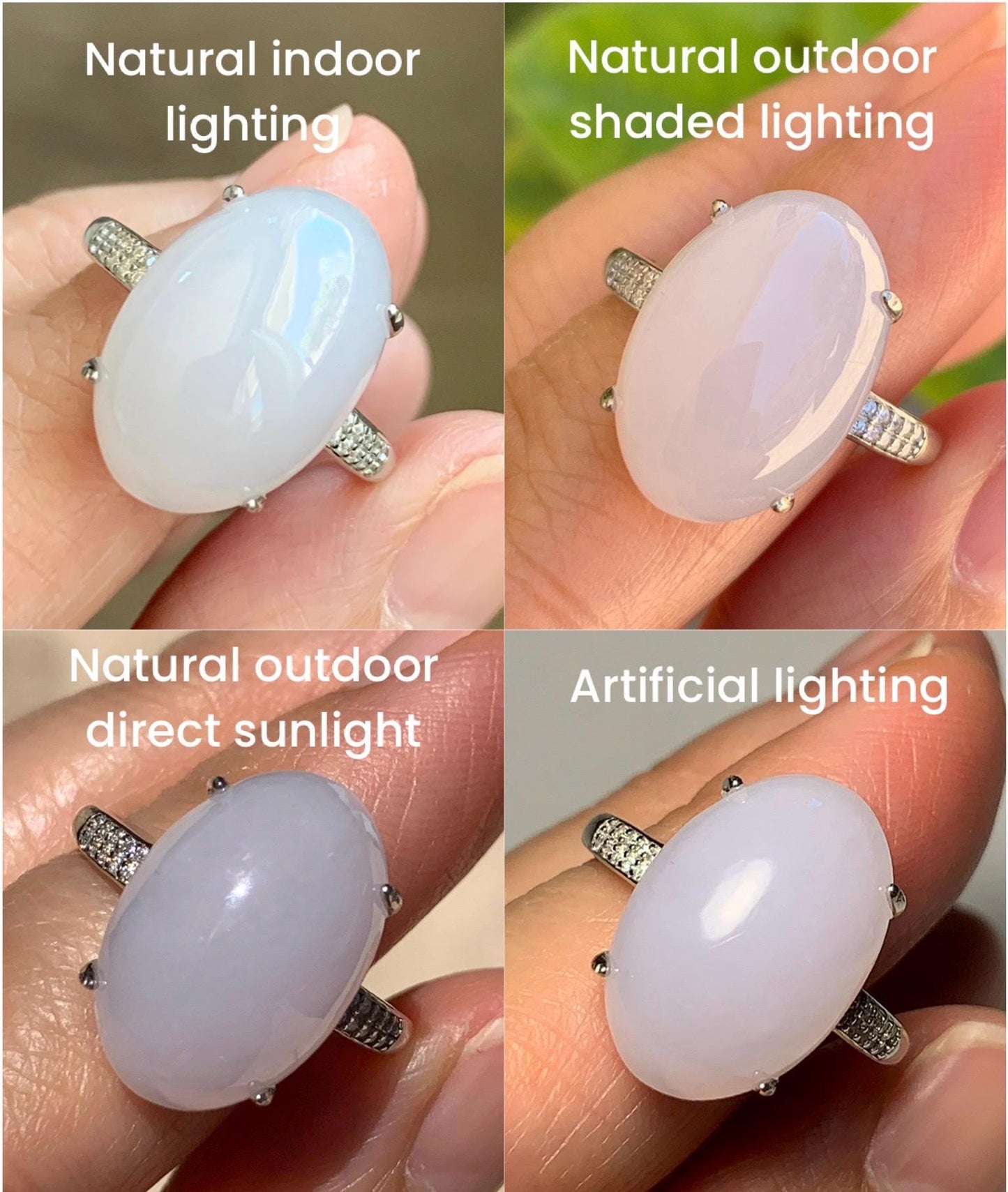 Natural Grade A Icy Translucent Pastel Purple Undertone Jadeite Oval Cabochon Ring Sterling Silver Size Adjustable 天然冰淡紫底翡翠大蛋面银镶戒指 DDZ-C