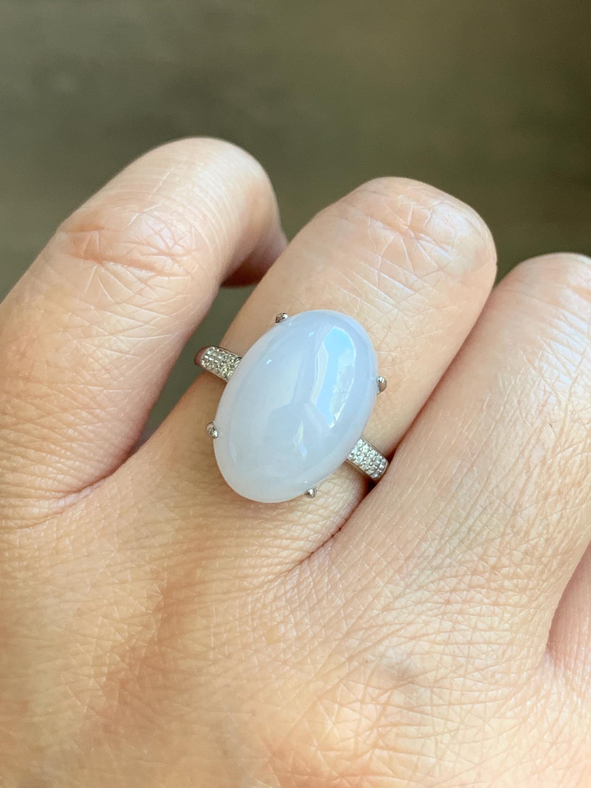 Natural Grade A Icy Translucent Pastel Purple Undertone Jadeite Oval Cabochon Ring Sterling Silver Size Adjustable 天然冰淡紫底翡翠大蛋面银镶戒指 DDZ-C