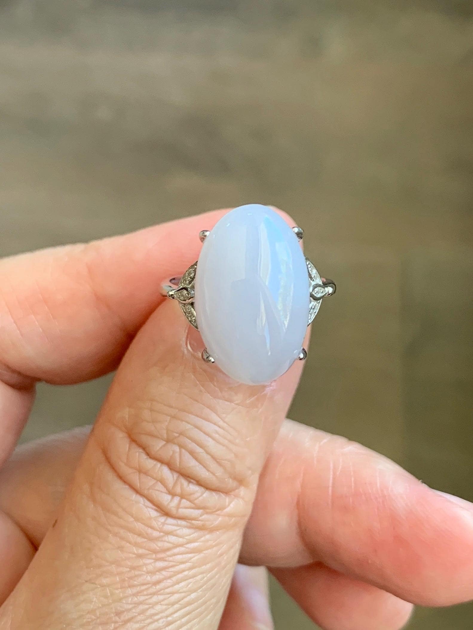 Natural Grade A Icy Translucent Pastel Purple Undertone Jadeite Oval Cabochon Ring Sterling Silver Size Adjustable 天然冰淡紫底翡翠大蛋面银镶戒指 DDZ-D